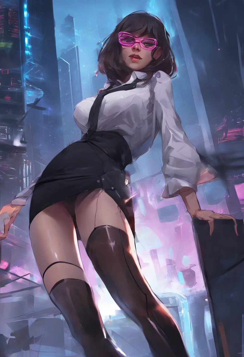 american young girl, on all fours, big cleavage, in office, lustfull face, busty, secretary, tight unbuttoned white blouse, short black skirt, glasses, stockings, high heels, red hair, beautiful eyes, cyberpunk, night, clear, high resolution, only 1 girl, neon lights, dlsr, diffused lightning, high details, best quality