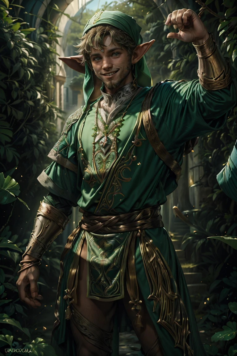 um homem, 18 anos, em uma floresta celta, Poses variadas, using only thin fabric to cover the genitals, (((Um retrato de um lindo duende)), (((duende)) face masculina, ((Homem completo de 18 anos)), Corpo Fuull, charmoso e sexy, Friendly and mischievous, ((Cartola verde com trevo de quatro folhas preso na borda)), (((Barba e sorriso)), 32k ultra |, Ultra HD |