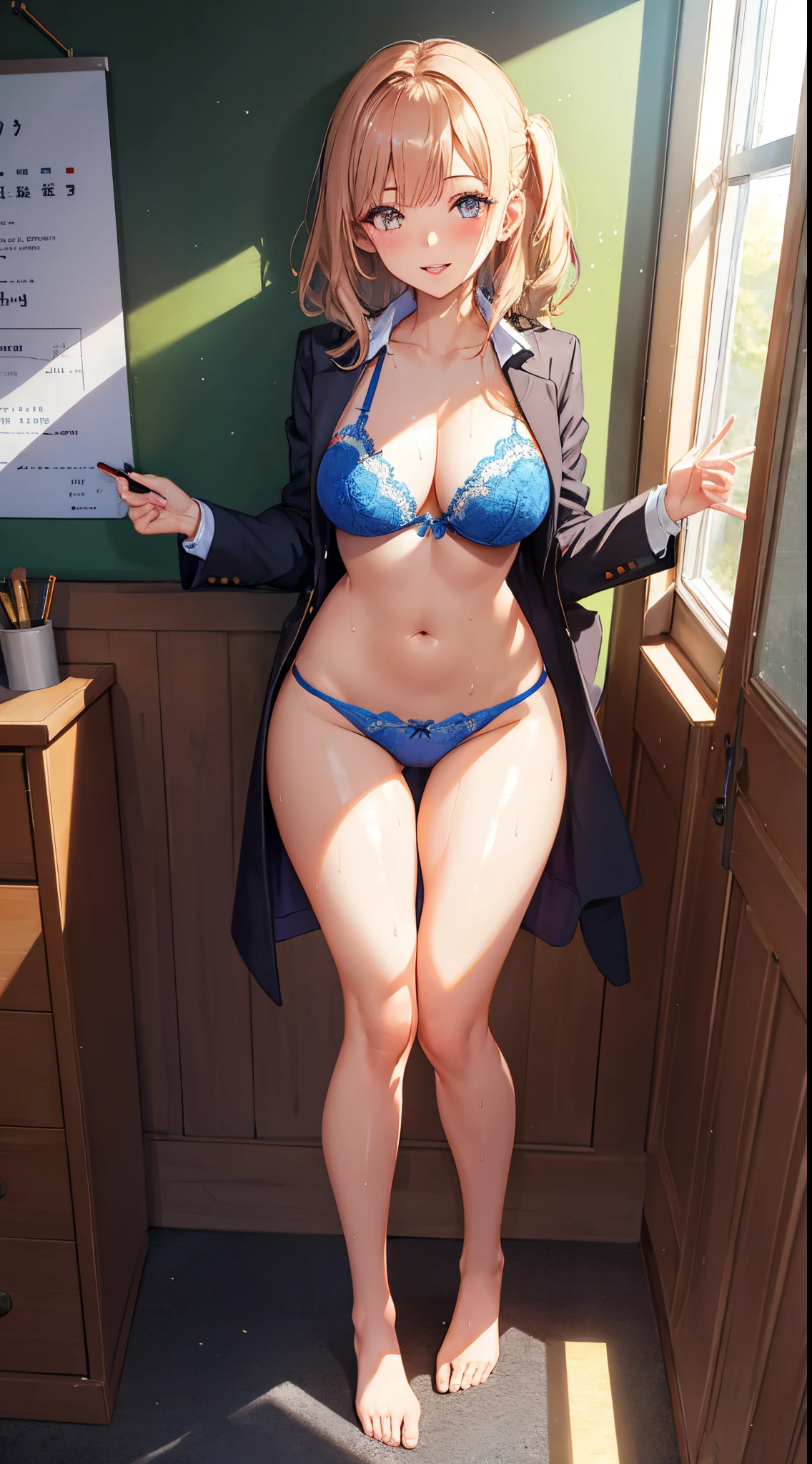 1girl in, Parted lips, blush, makeup, lightsmile, School uniform, Full body, Wide Angle, From  above, crass room, llight rays, Glow, thighs thighs thighs thighs, 鎖骨, Narrow waist, (masutepiece), Wallpaper,Wet body、Micro lingerie that can be seen even over clothes