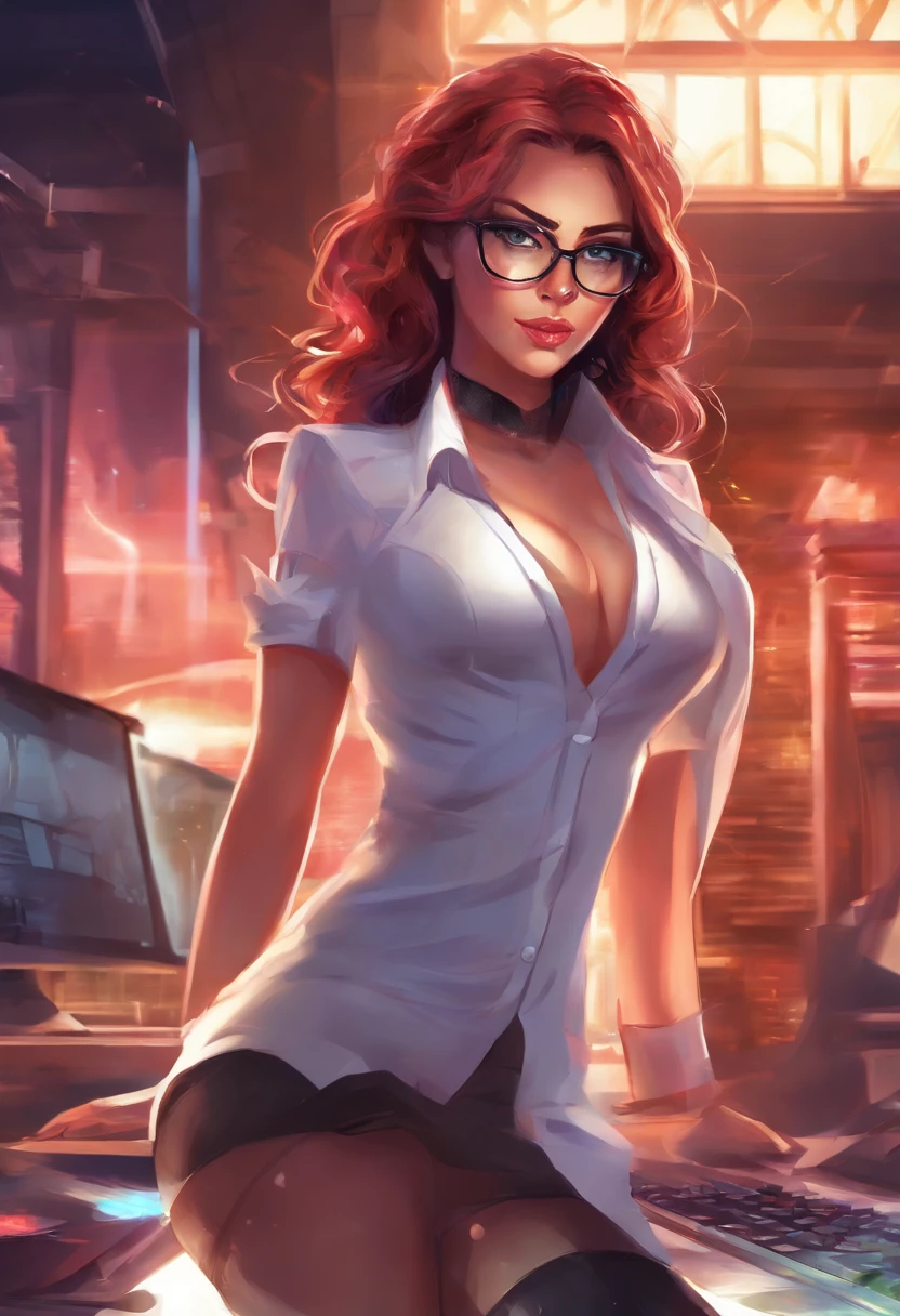 american young girl, big cleavage, in office, lustfull face, busty, secretary, tight unbuttoned white blouse, short black skirt, glasses, stockings, high heels, red hair, beautiful eyes, cyberpunk, night, clear, high resolution, only 1 girl, neon lights, dlsr, diffused lightning, high details, best quality