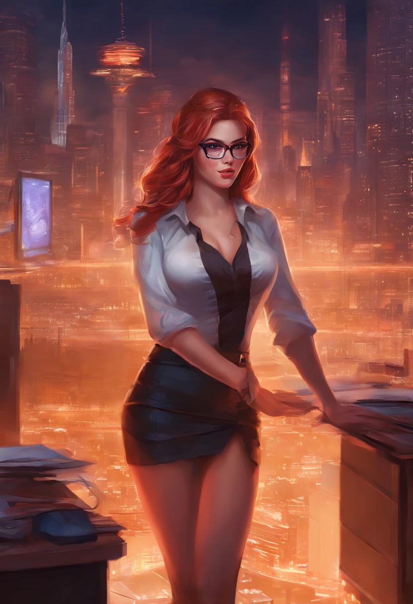 american young girl, big cleavage, in office, lustfull face, busty, secretary, tight unbuttoned white blouse, short black skirt, glasses, stockings, high heels, red hair, beautiful eyes, cyberpunk, night, clear, high resolution, only 1 girl, neon lights, dlsr, diffused lightning, high details, best quality