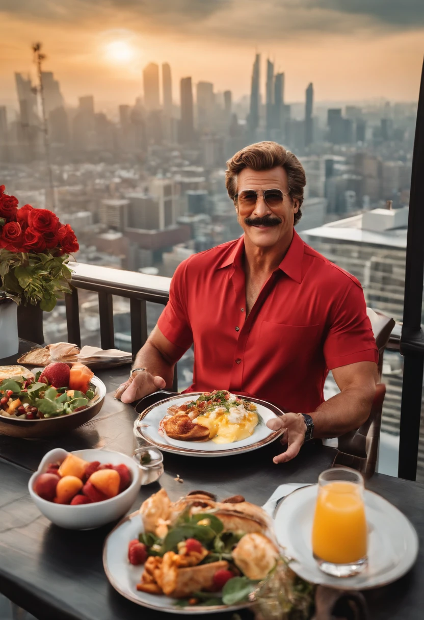 Magnum is enjoying a delicious plate of brunch at a trendy rooftop restaurant, with a stunning view of the city skyline in the background.,original,Magnum PI