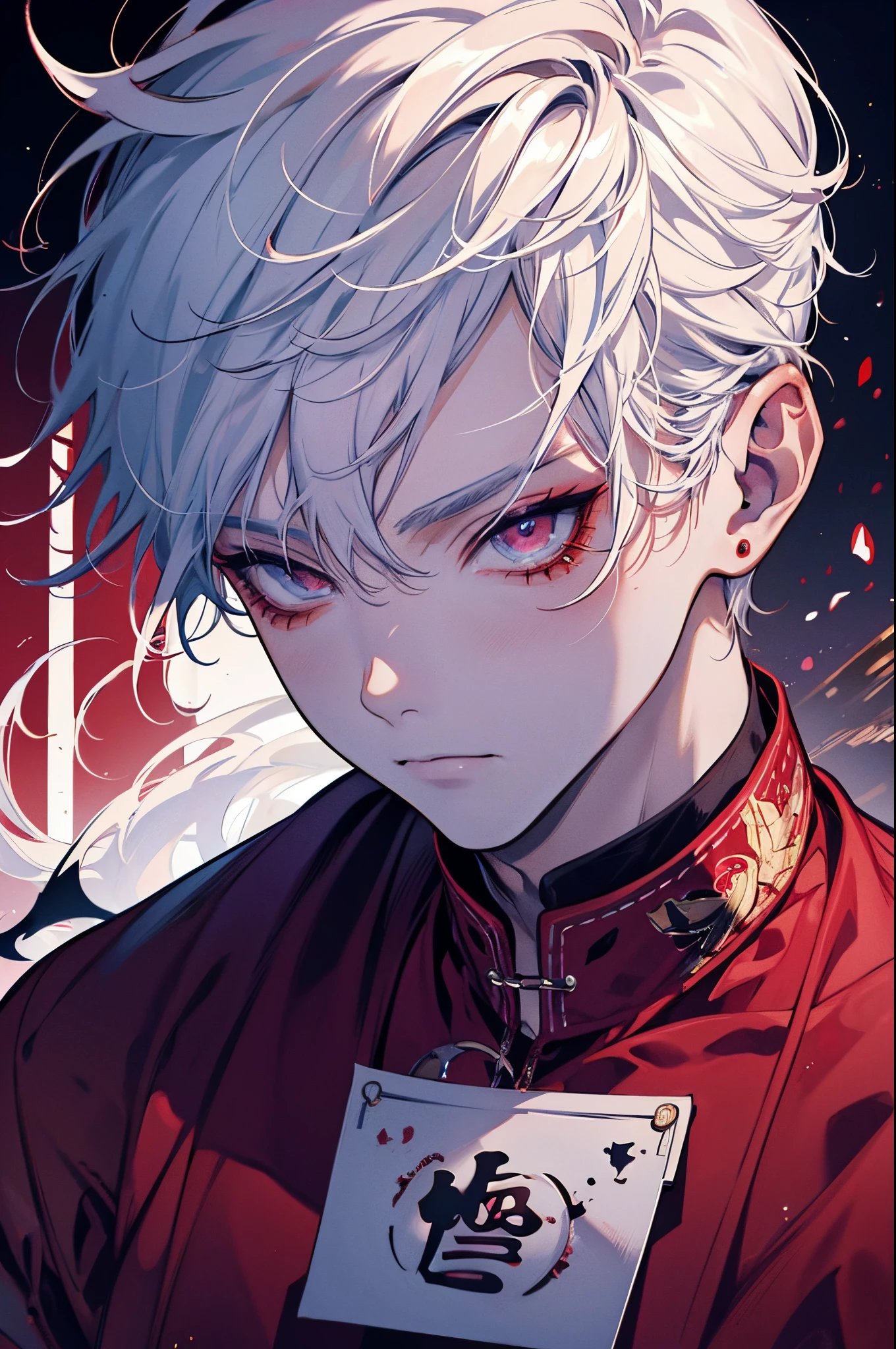 Muscular devil onii, close up, facing camera, yokai, red markings, mischevious, cute, handsome, white hair, dramatic lighting, perfect anatomy, HD wallpaper 8k