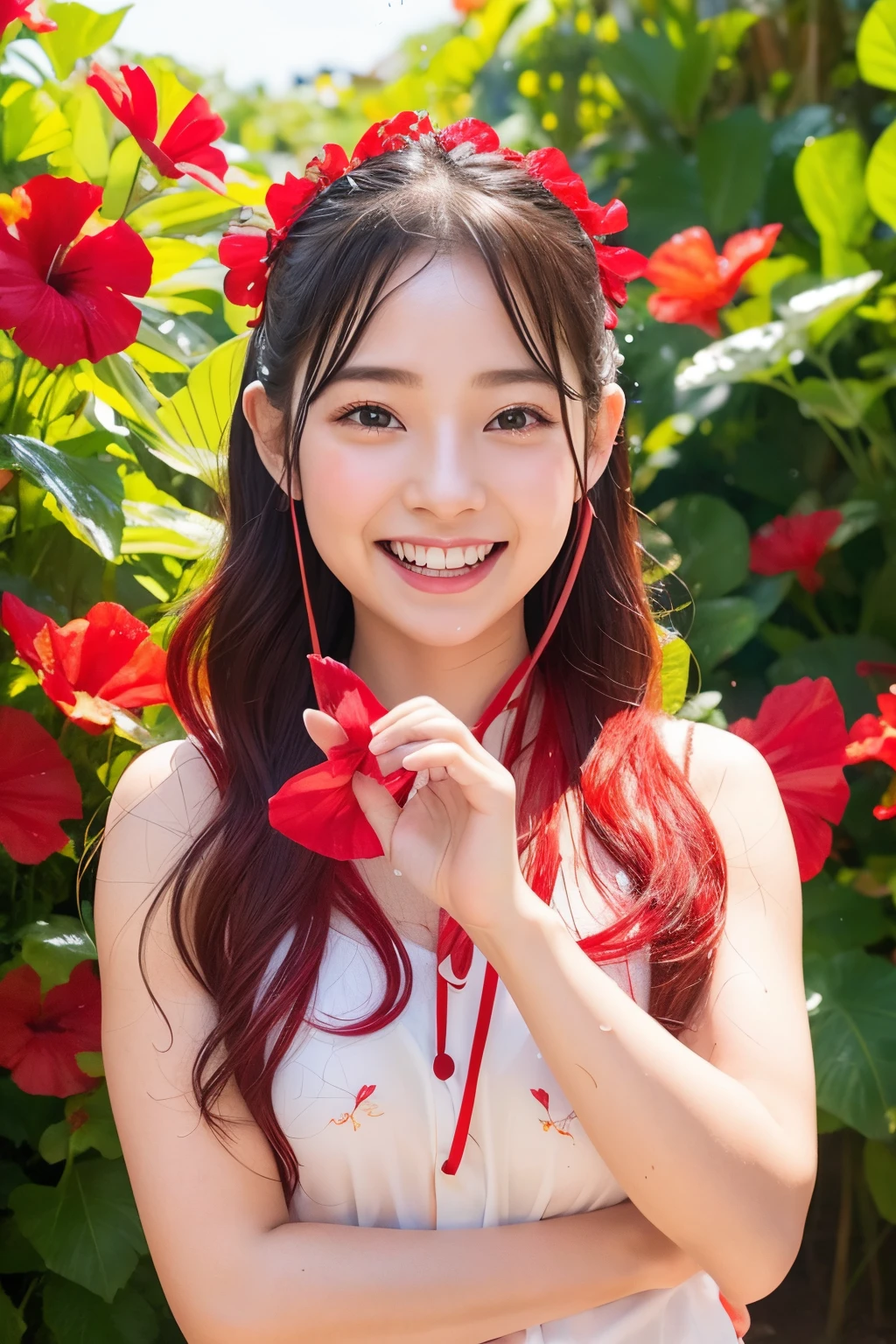 photoRealstic、Stand in front of the photo、laugh face、Water droplets on the cheeks、kawaii pose、spreading arms widely、Flowing Red Silk、bustup、Hibiscus petals、season!!: 夏☀ 🍂 ハイビスカス