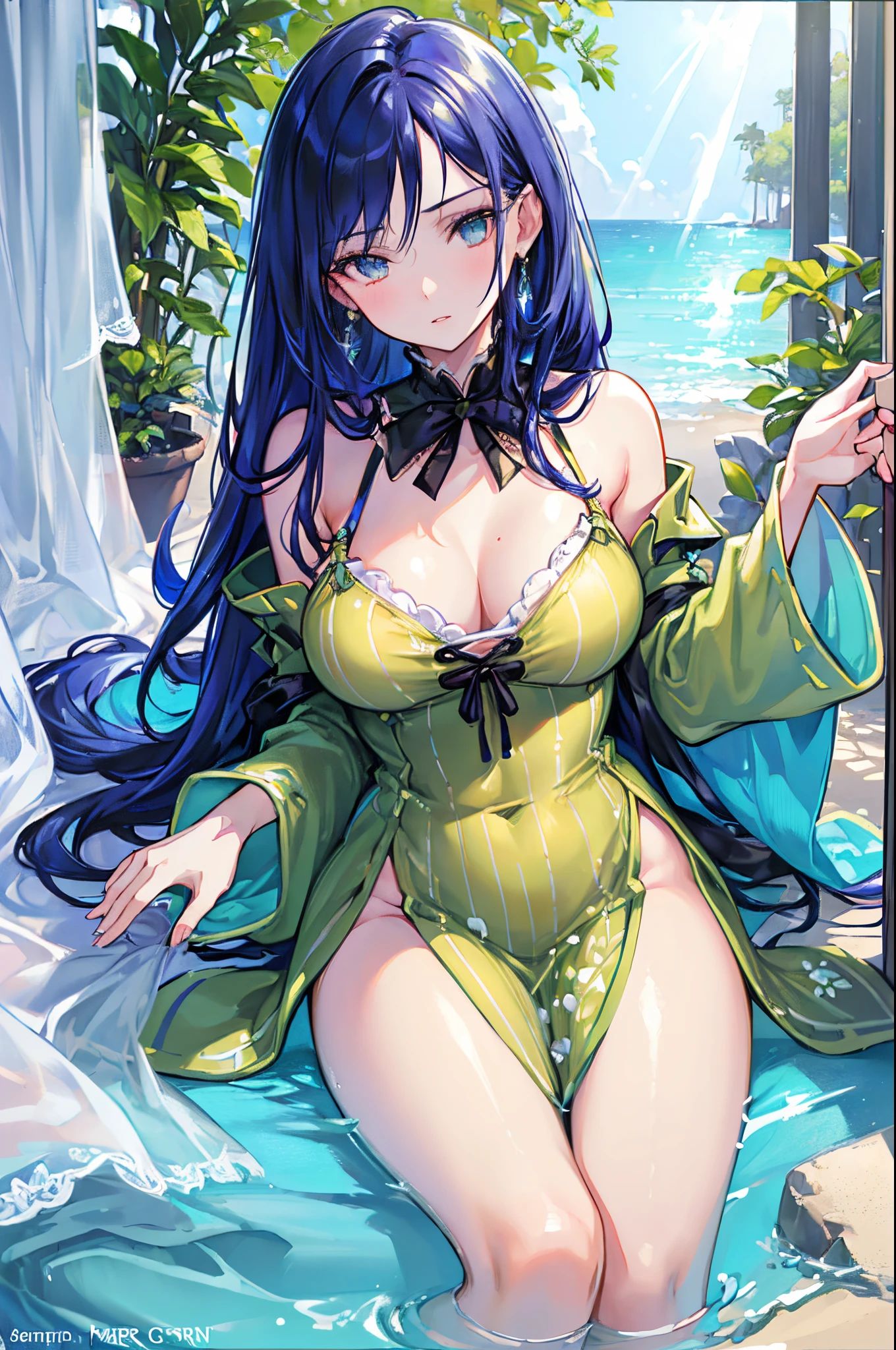 lndswgnr, (Sharp Focus: 1.5), (Sharp Focus:1.2), Portrait, attractive young woman, (Beautiful face:1.1), Detailed eyes, luscious lips, (eye make up:1.2), (tight body:1.2), Wearing (yellow striped 1980s dress:1.2) で (the beach:1.2). (morning sun lighting:1.2), depth of fields, Bokeh, 4K, nffsw. in door (by James C. Christensen:1.2|Jeremy Lipking:1.1).