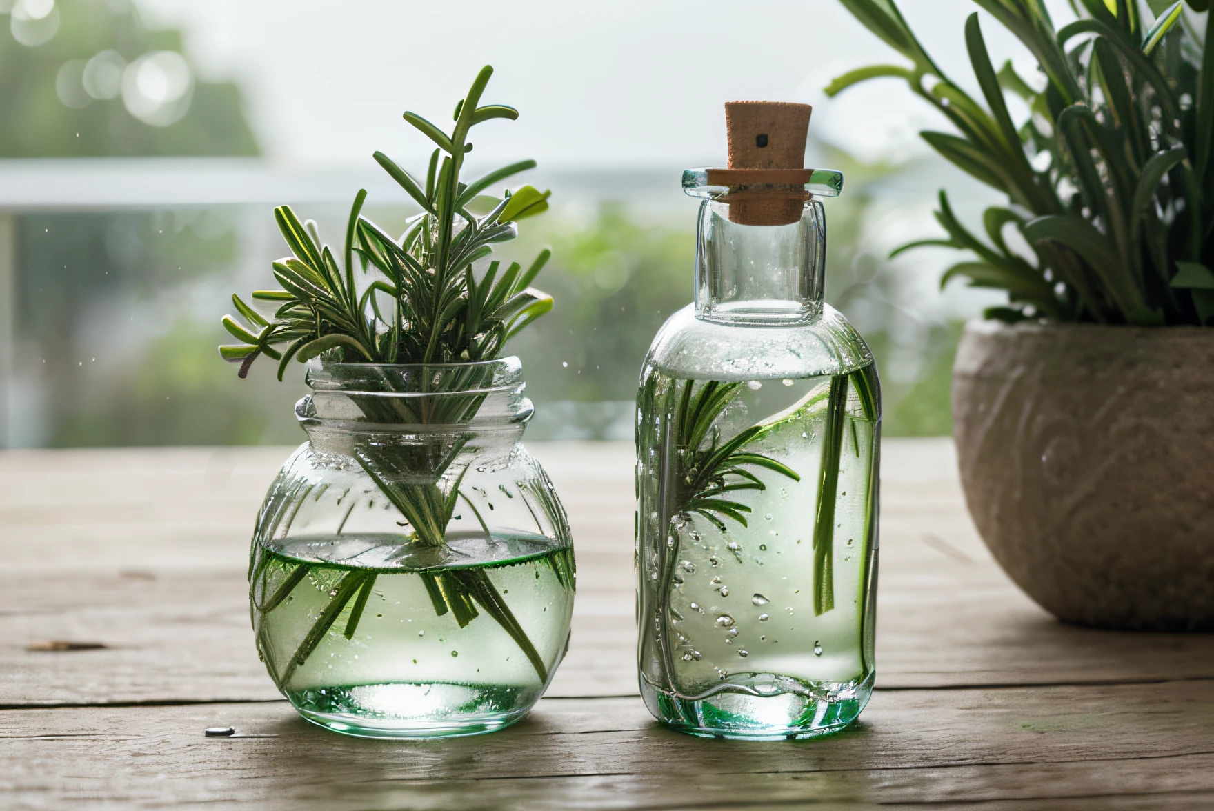 product photography,bottle,mossy,Water,A rosemary plant,light green,white flowers,water ripple,realism, Light green and white gradient background, color scales, depth of field, high quality, ultra fine detailed, author: Hasselblatt