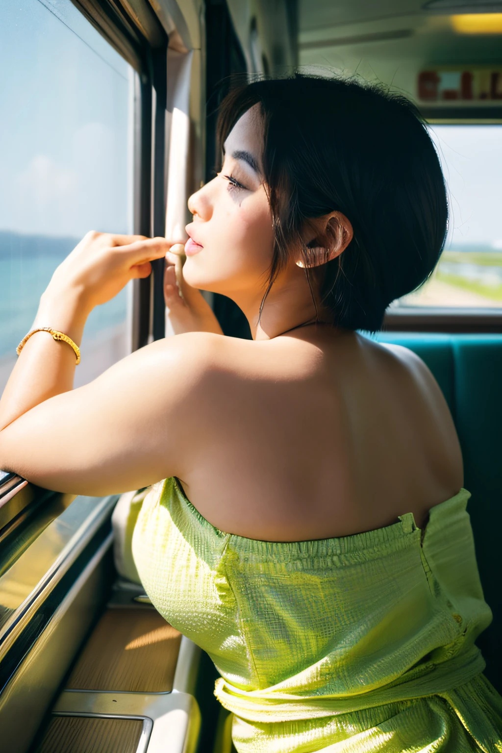 32 years oldSingle、Short height、A dark-haired、Fat、huge tit、Big ass、Glamour with plump limp chimuchi、Cute face with big eyes、She is wearing a light mint green dress.、Wearing a wide-brimmed straw hat、From the train window, I rest my chin on my chin and look at the ocean shining in the western sun and the long coastline.