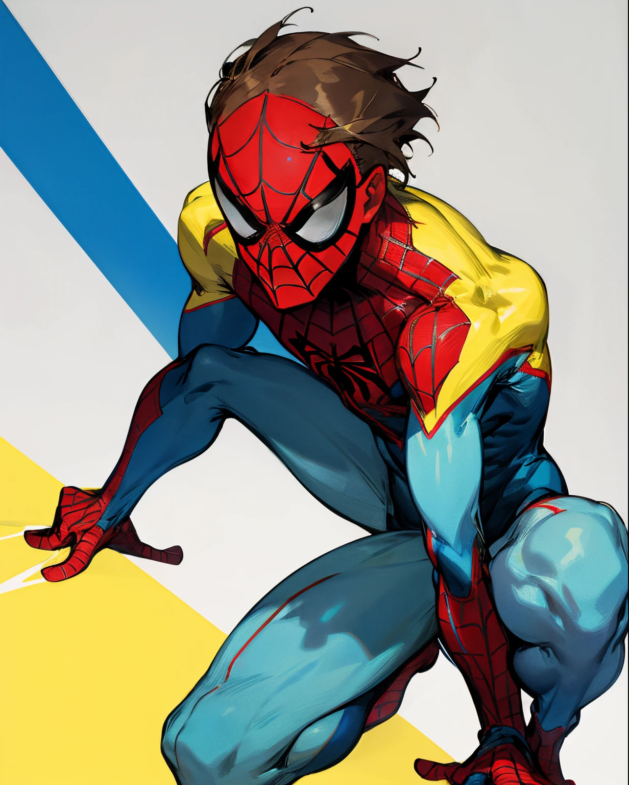 Spiderman white,blue,green, and yellow suit short brown hair realistic