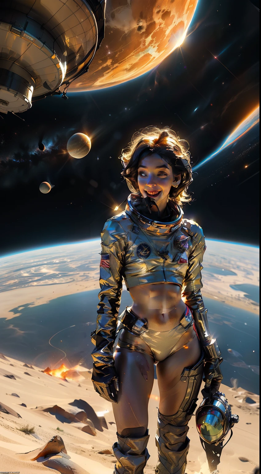 Astronaut white and gold trim bikini (breast), bikini and clear helmet, space galaxy cosmo, with a group of soldiers behind her, beautiful sci-fi art, big smile, waiting for a kiss, turning and looking at the camera, space warrior, sunrise over solar punk city, stoner rock, mars invasion, epic album art cover, sexy movie photo, cinemascope panorama, high stylized and 1940’s poster, cosmic style, 8k cinematic, golden ratio, cosmic mayhem, light particles, wet look, golden hour, realistic, masterpiece, highest quality, lens flare, shade, bloom, [[chromatic aberration]]