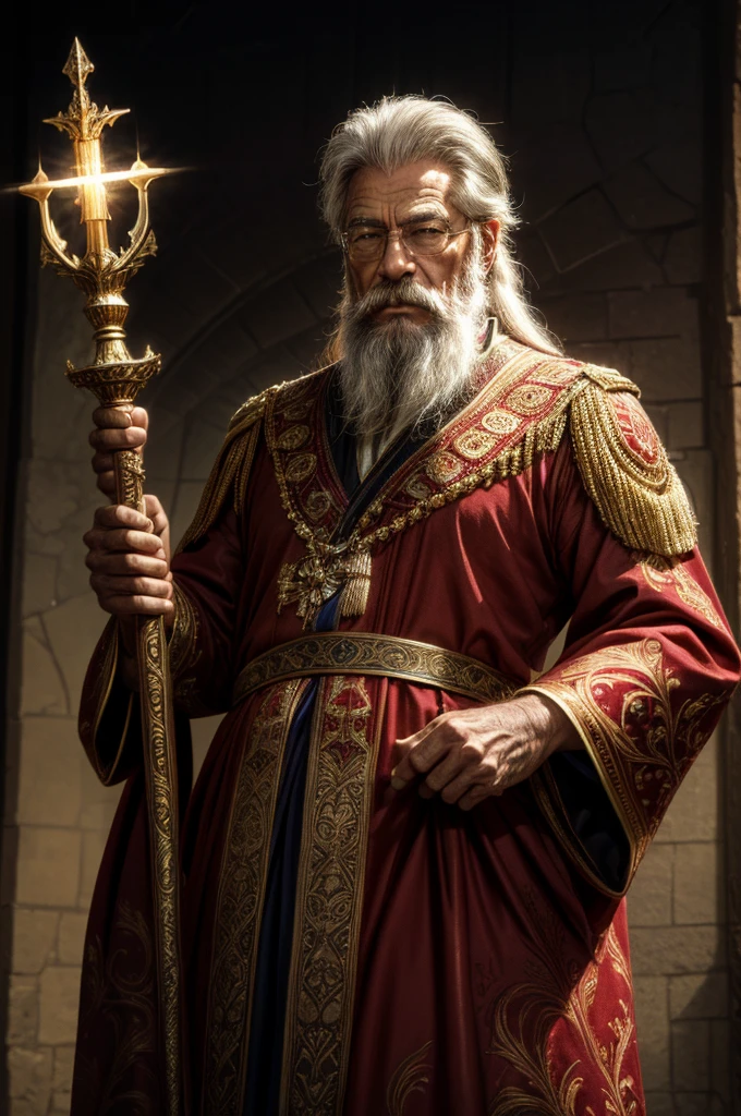 Rei Roland, um homem de 62 anos, em seus aposentos reais. Destaque sua barba grisalha e majestosa, which gives an aura of respect and experience. The king is dressed in royal attire that incorporates rich tones of red and gold. He holds in his hands a royal scepter with symbols. The rooms are decorated with tapestries that tell the legends of the past. Convey the dignity and firm leadership of the king in this fantasy kingdom.