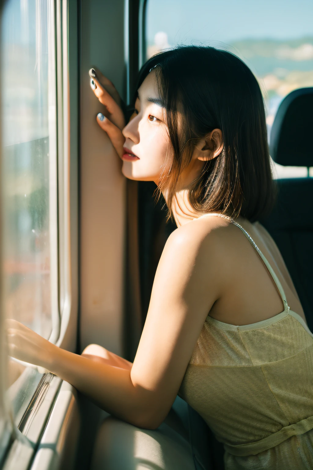 32 years oldSingle、Short height、A dark-haired、Fat、huge tit、Big ass、Glamour with plump limp chimuchi、Cute face with big eyes、She is wearing a light mint green dress.、Wearing a straw hat、From the train window, I rest my chin on my chin and look at the ocean shining in the western sun and the long coastline.