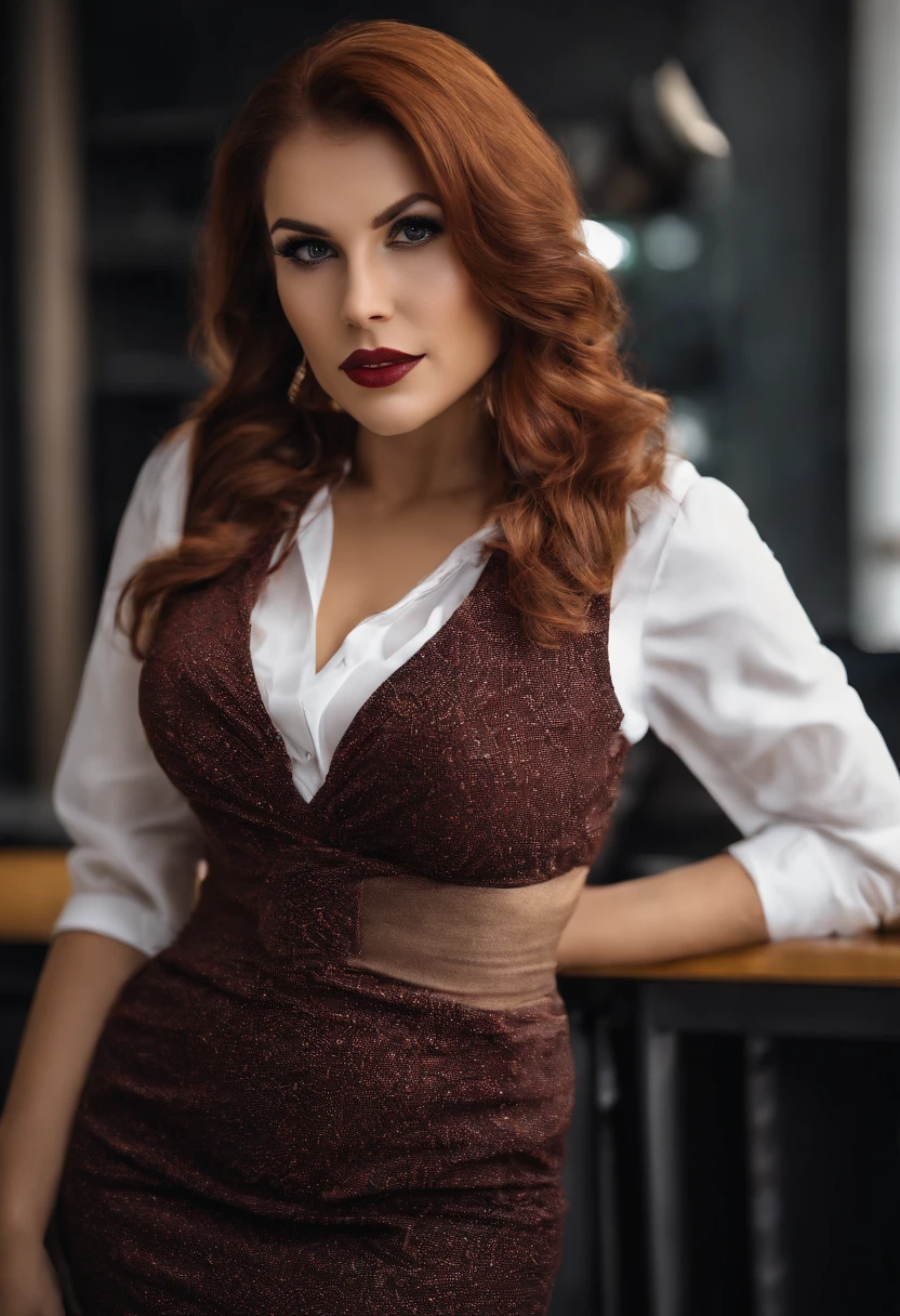 american young girl, big cleavage, in office, lustfull face, busty, secretary, tight unbuttoned white blouse, short black skirt, stockings, high heels, red hair, pony tail, beautiful eyes, cyberpunk, night, clear, high resolution, only 1 girl, neon lights, dlsr, diffused lightning, high details, best quality, portrait