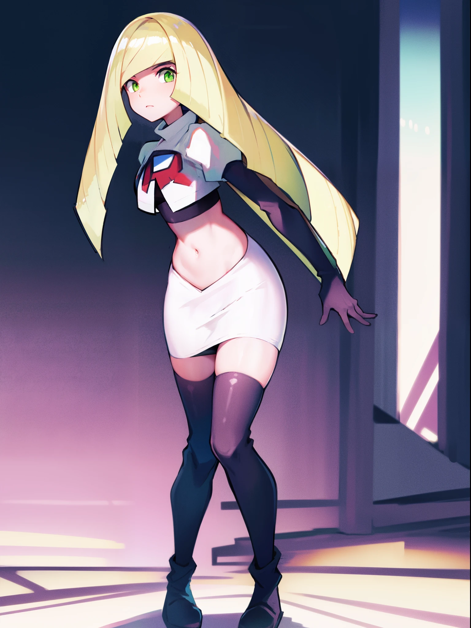 pokemonlusamine,green eyes,team rocket,team rocket uniform,white skirt,crop top,black thigh-high boots,black elbow gloves,