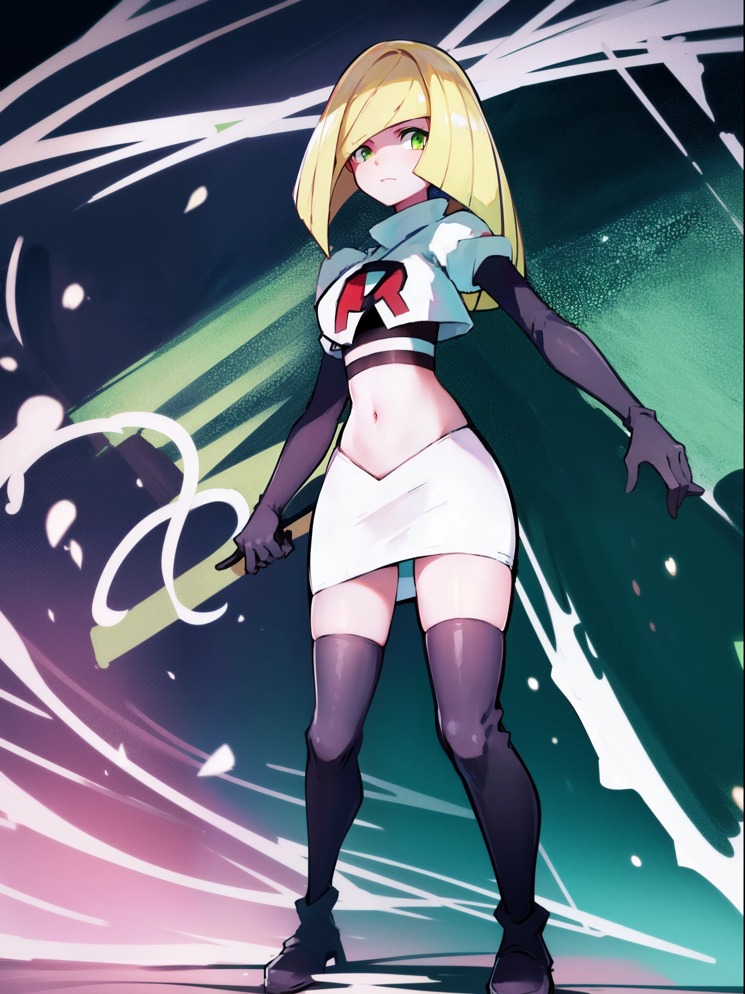 pokemonlusamine,green eyes,team rocket,team rocket uniform,white skirt,crop top,black thigh-high boots,black elbow gloves,