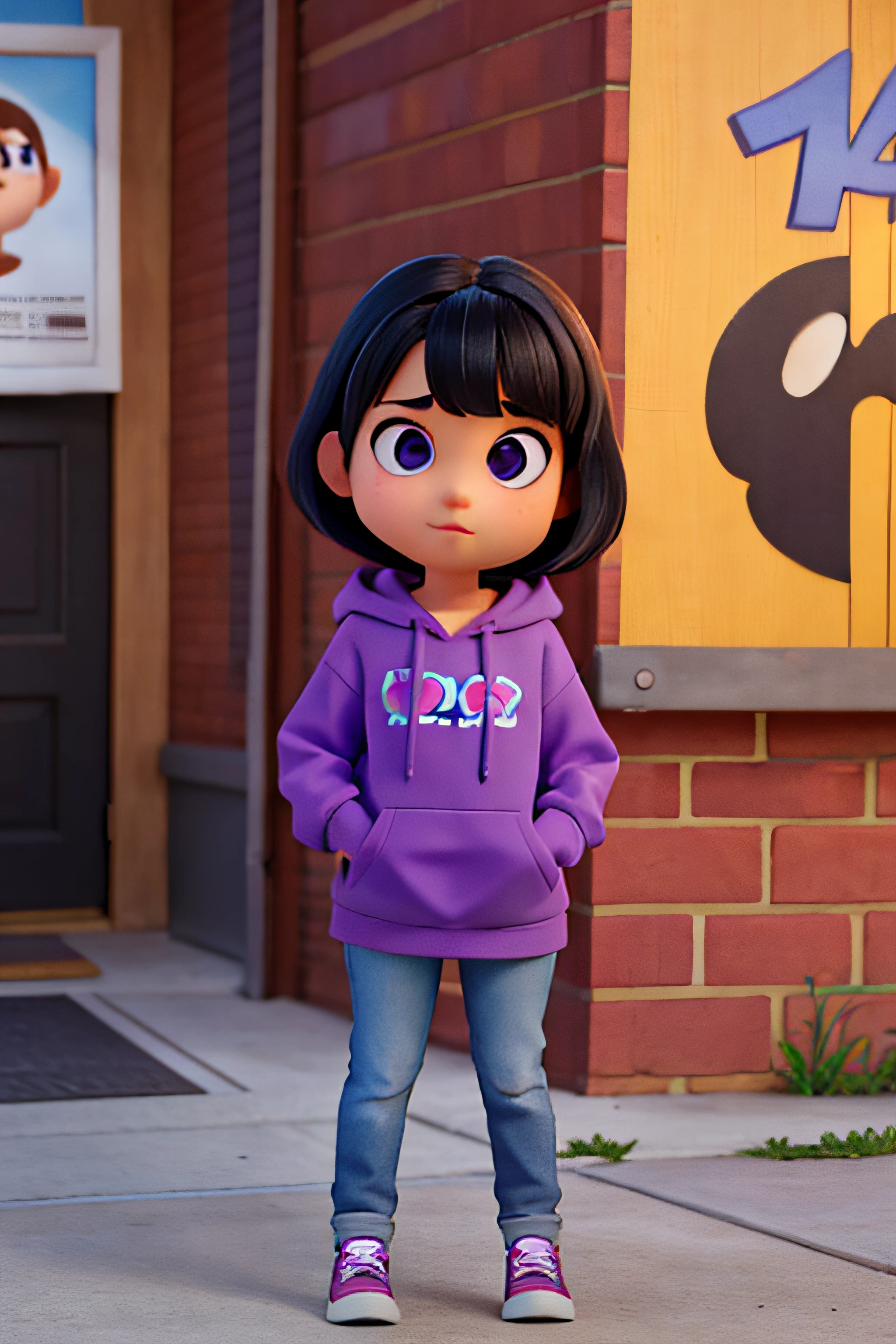 Pixar Style: cute cartoon style of a girl wearing purple hoodie that says "YOU", black eyes and short hair, poster, photo, 3d render, fashion parent 4, Disney Pixar logo
