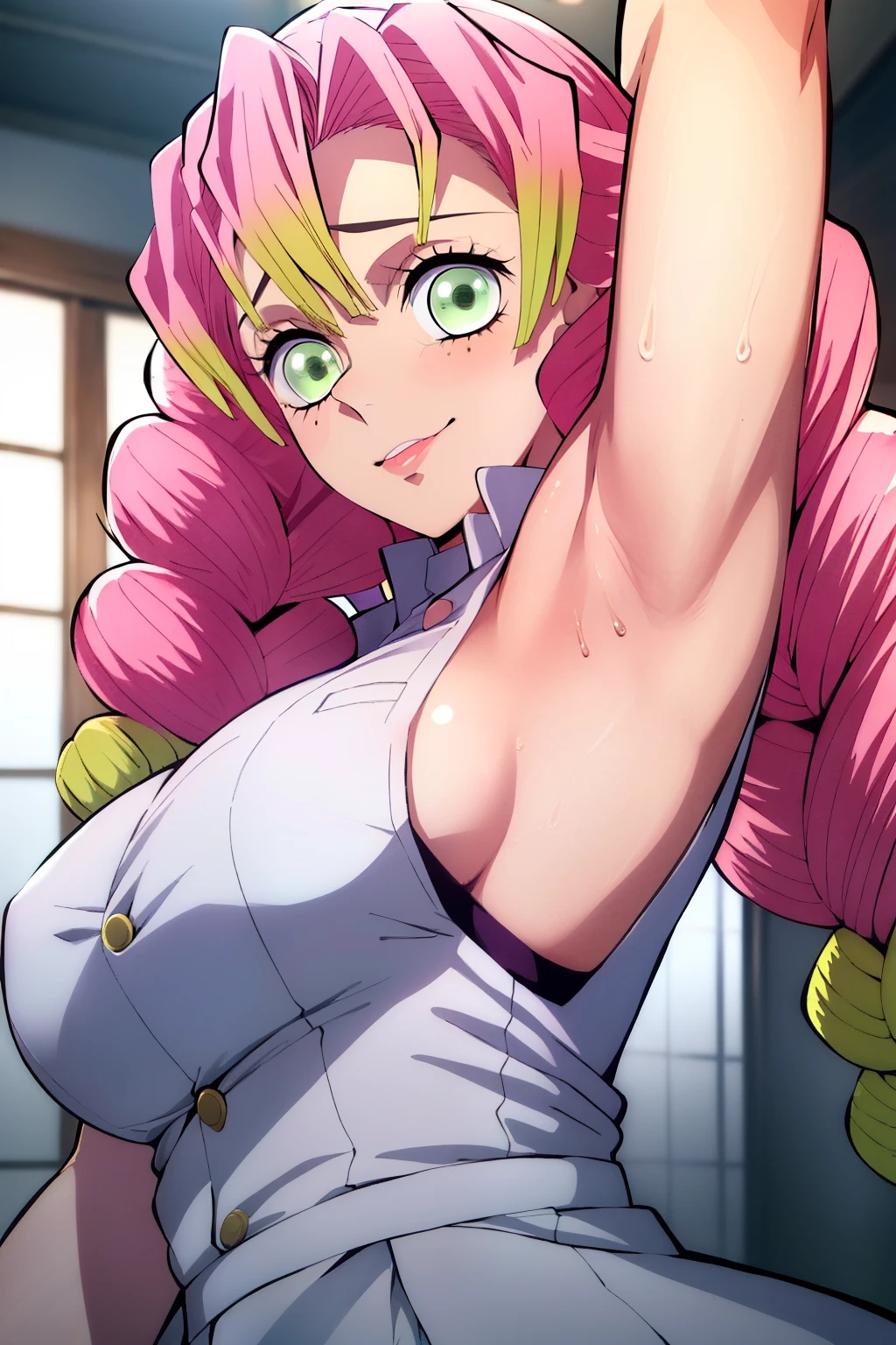 (obra maestra, mejor calidad), 1chica, MitsuriKanroji, deslumbrante, sonrisa, breast, armpits, nurse, close up, showing her armpit, armpit focus,command to lick, sweaty