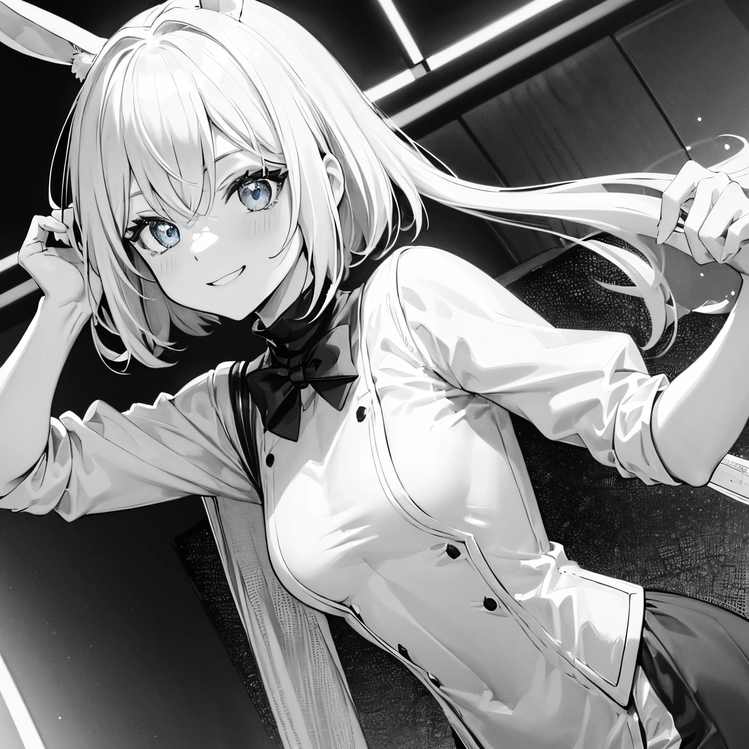 (monochrome:1.5), (Solo girl around 20 years old), (Pink bob hair), Blue eyes, Rabbit ears, light smile