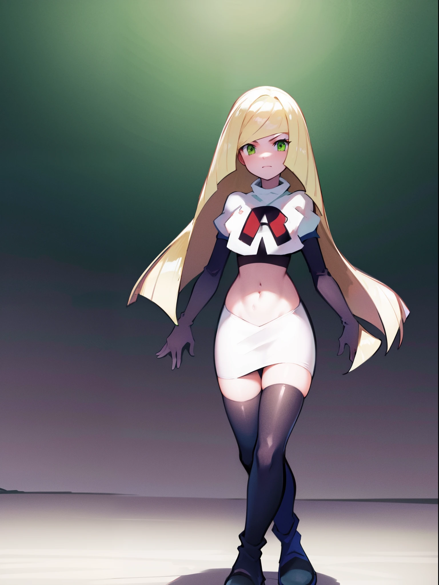 pokemonlusamine,green eyes,team rocket,team rocket uniform,white skirt,crop top,black thigh-high boots,black elbow gloves,