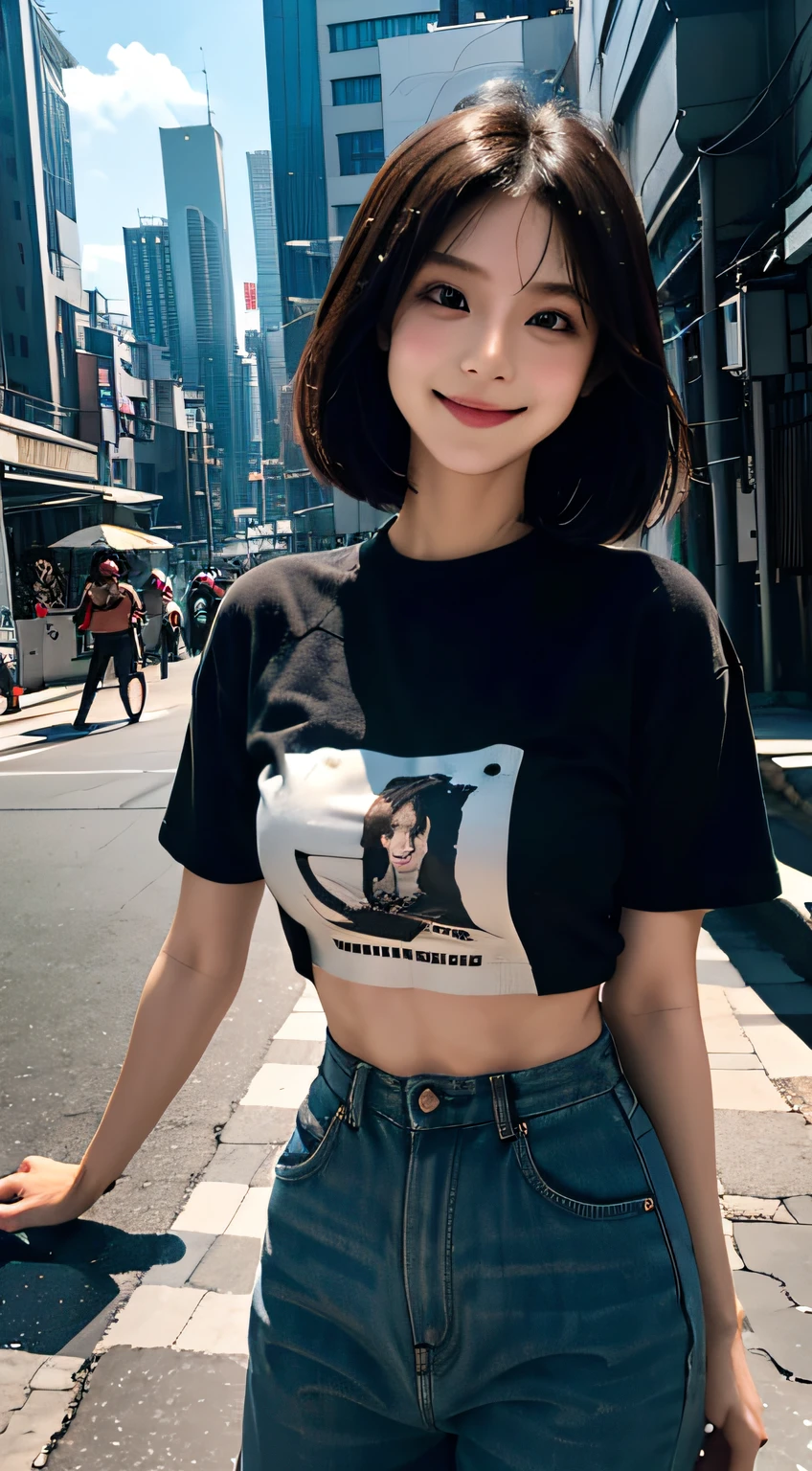 masterpiece、one beautiful women、A detailed face、A detailed eye、Detailed skin、top-quality、japanes、Illuminated from the front with bright lighting、profetional lighting、Always face straight ahead、The background is a little blurry、24 year old、In the background, there are many PC monitors lined up and the wiring is bare.、Streets lined with cyberpunk buildings、Wearing a rock and punk t-shirt、a smile、short-cut、Band Girl