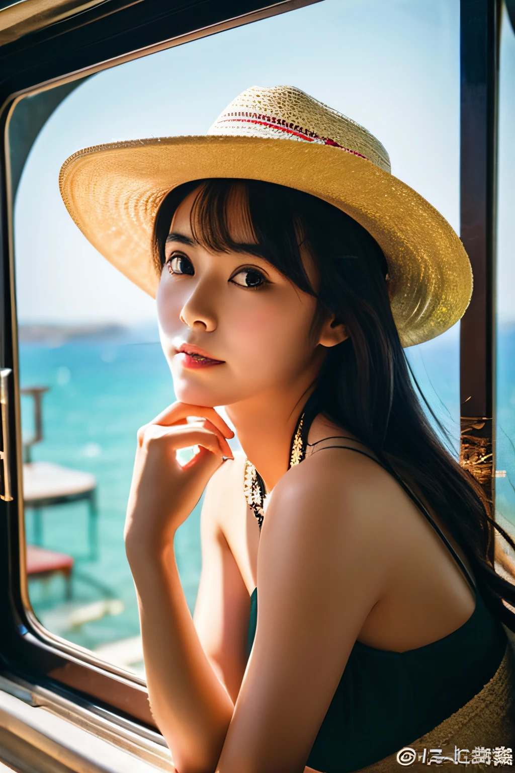 32 years oldSingle、Short height、Cute face with big eyes、A dark-haired、a straw fedora hat、Fat、huge tit、Big ass、Glamour with plump limp chimuchi、Big eyes and cute、light mint green dress、From the window of the straw hat train, I rest my chin on my chin and look at the ocean shining in the western sun and the long coastline.