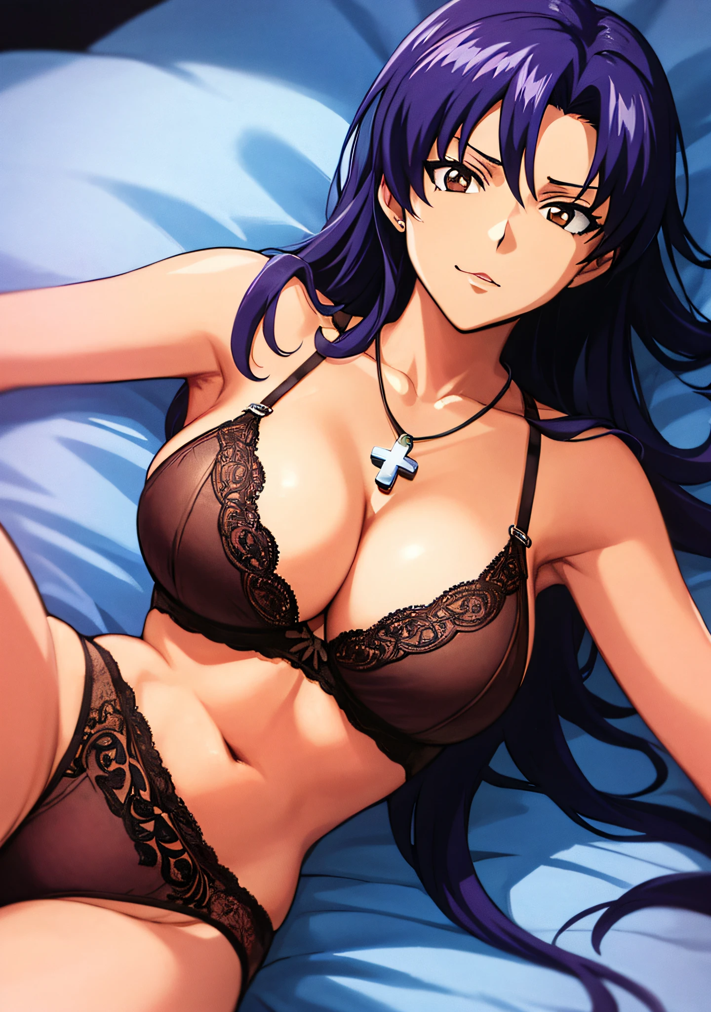 (masutepiece),(Best Quality), Katsuragi Misato, Brown eyes, Cross Necklace, Colossal tits、Lingerie with a small area、Persistent stare, Sharp eyes、Lying in bed、Seductive、Spread your legs、Seductive