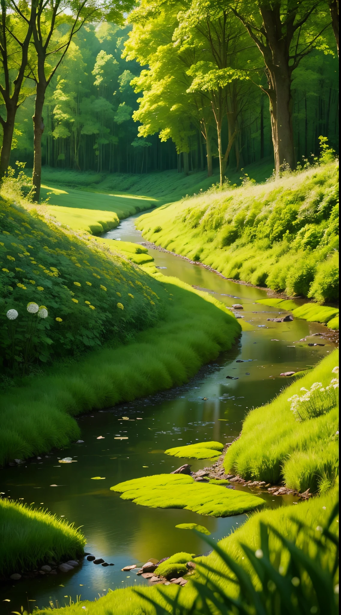 dandelion field in midle green forest with morning dew and small river nature nd some rock , fantasy