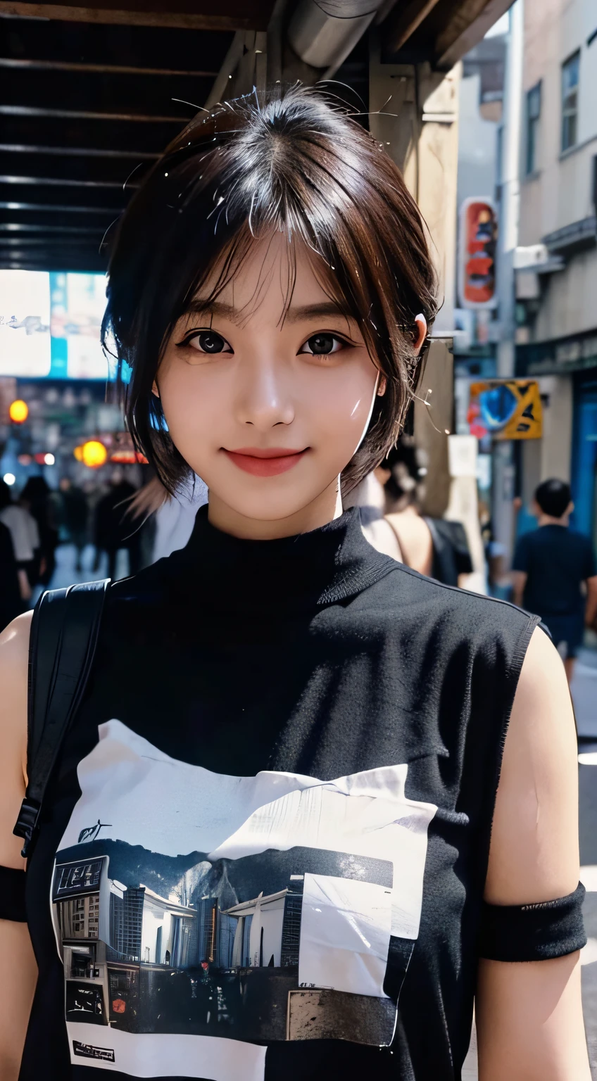 ​masterpiece、one beautiful women、A detailed face、A detailed eye、Detailed skin、top-quality、japanes、Illuminated from the front with bright lighting、profetional lighting、Always face straight ahead、The background is a little blurry、24 year old、In the background, there are many PC monitors lined up and the wiring is bare.、Streets lined with cyberpunk buildings、Wearing a rock and punk t-shirt、a smile、short-cut、Band Girl