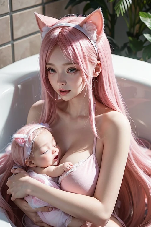 photo depicting moment of love between mother and newborn baby, in bath, one 17 year old woman, long pink hair with cat ears, big breasts, pink bikini, with your newborn baby,long pink hair, her little baby 1 year.