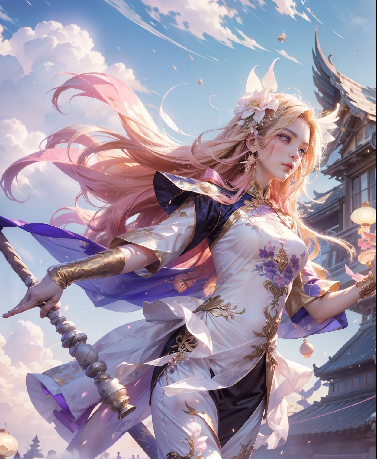 (max resolution: 1.2), (Ultra HDTV: 1.2), 8K resolution, Eye and skin details, face details, , (Sharp focus: 1.2), (Precise focus) face sharp face: 1.2), Girl standing in the sky, flying flower lanterns, Vietnamese New Year, Ancient costume, Ao Dai, (pink ao dai) ,(long hair), Blonde hair, light pink tail, Starry sky, flying lanterns, flying lanterns
