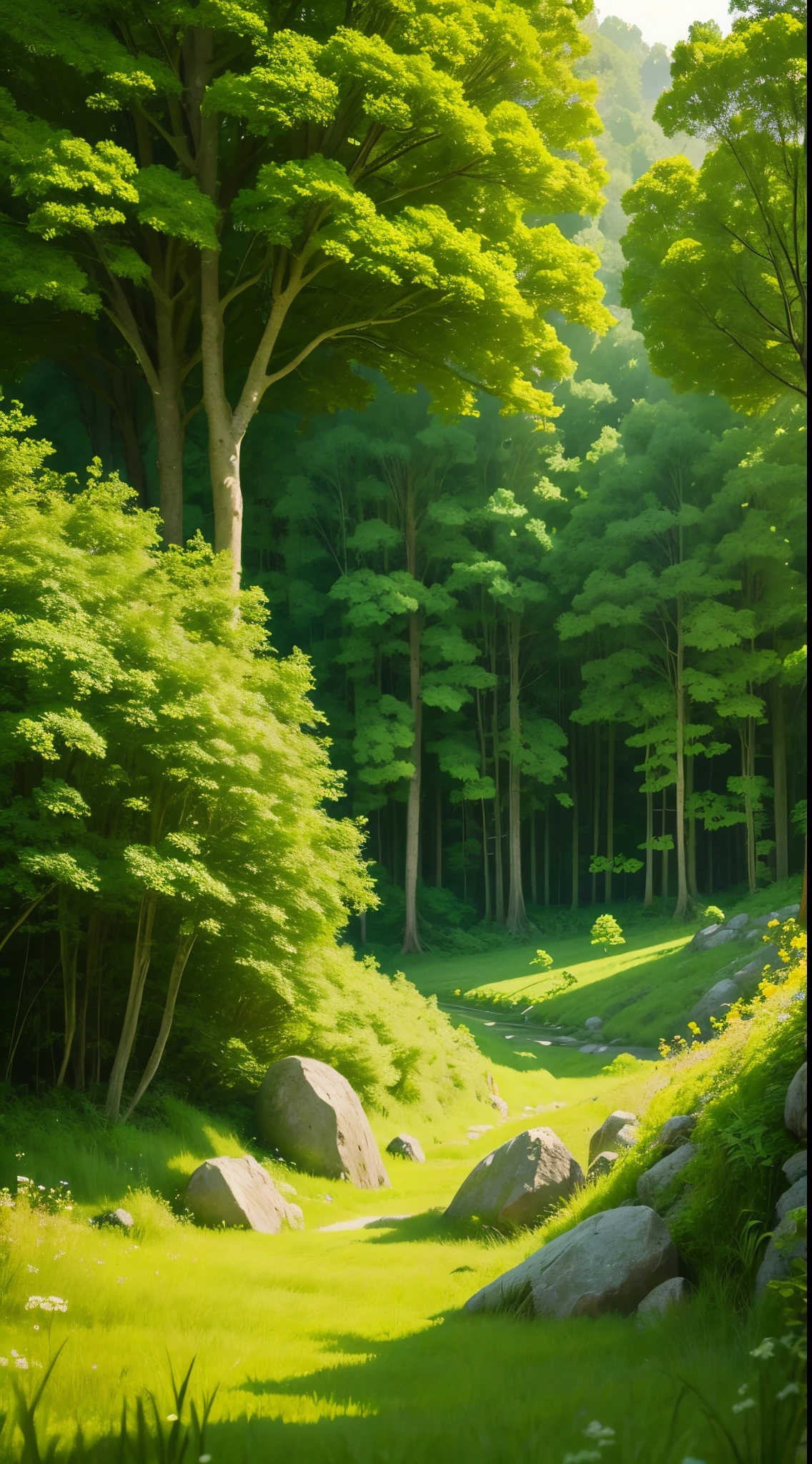 dandelion field in midle green forest with morning dew nature and some rock , fantasy