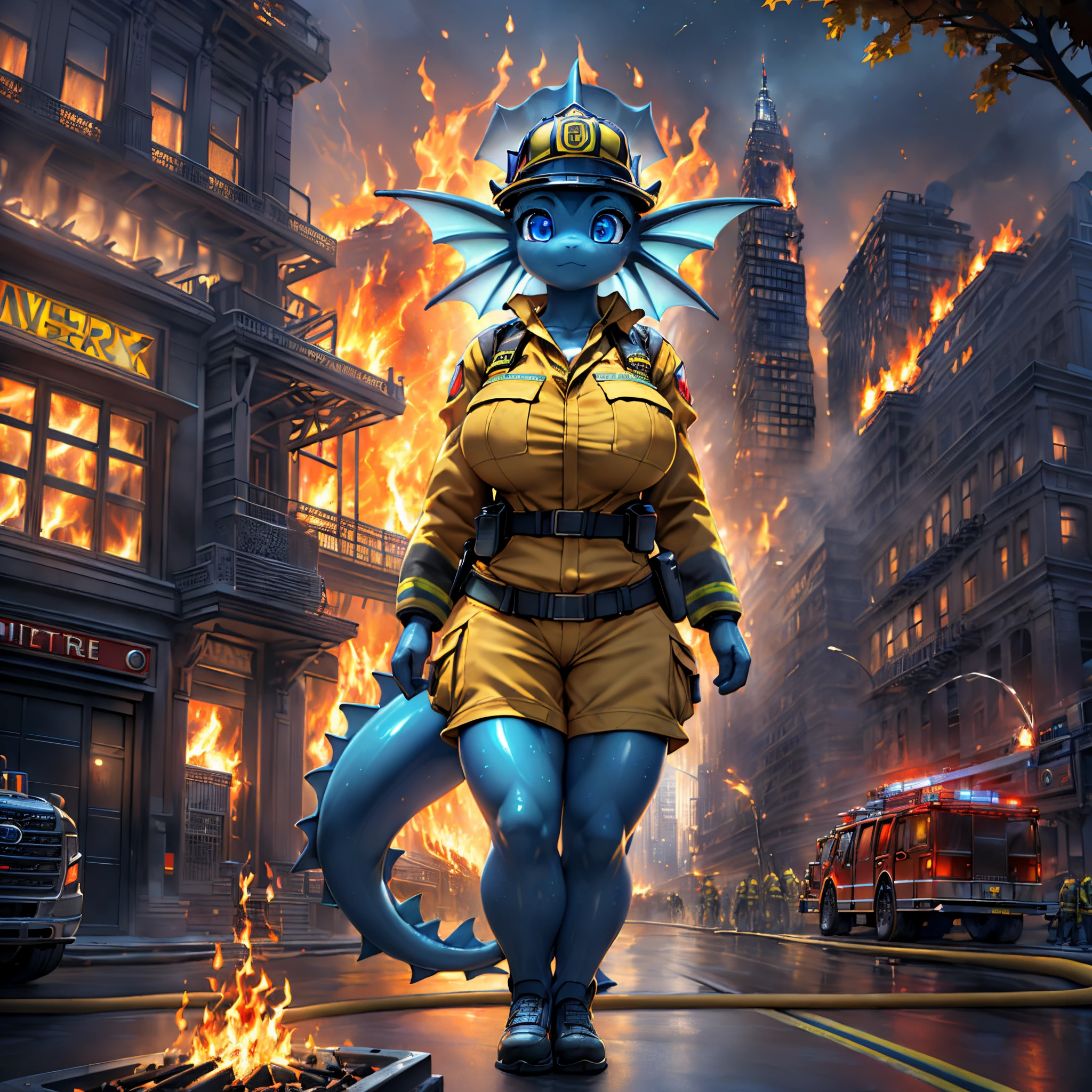 1girl ((Made by Complextree)), Vaporeon, ((solo)), ((big and firm breasts, antrum, extremely detailed, extremely detailed legs, extremely detailed arms, extremely detailed face, perfectly detailed eyes,perfectly detailed anatomy, Wearing a Firefighter Uniform)) ((Background New York City, Fire station))