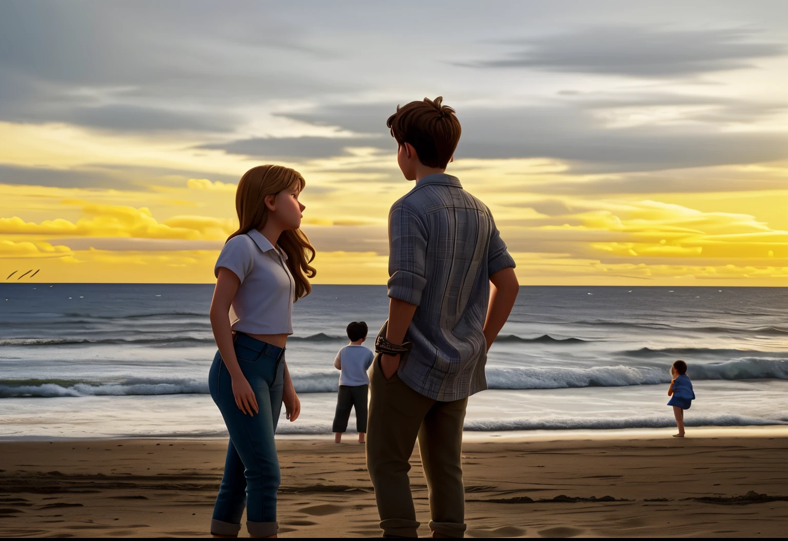 The girl is looking at the boy on the left side and the boy is looking at the girl on the right side. They are on the beach and the sky is yellow.