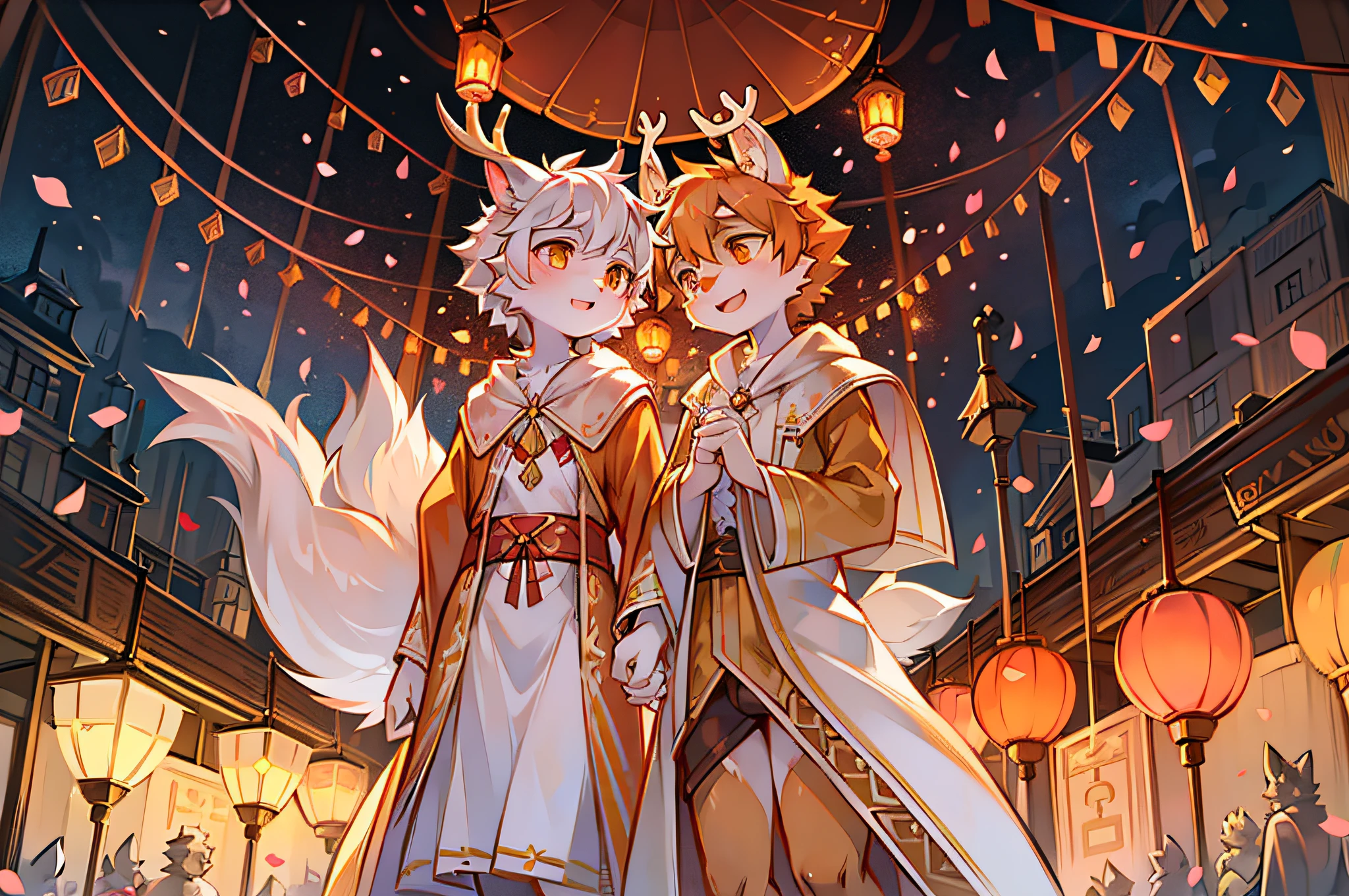 小さな2 peopleの犬の女の子　Dog muzzle　2 people　furry cute top quality　Happy time　 best image quality, ultra high resolution, nice,　pink lace panties　fancy　dream-like　fluffy　small breasts　Because the arms２Book　Book　lanthanum　Pink cherry blossom petals are dancing　night　moon　not wearing a bra　boy&#39;upper body is naked　boyはブラジャーを着けない