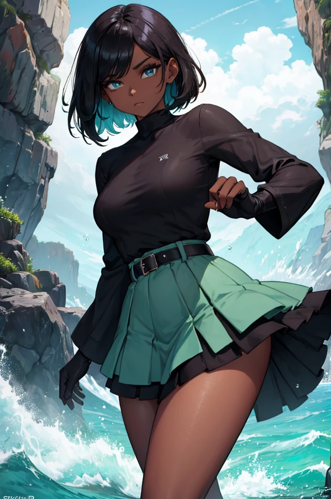 brown or black skin, sea foam color hair, sea foam color eyes, black top, black belt, sea foam color skirt, and black gloves