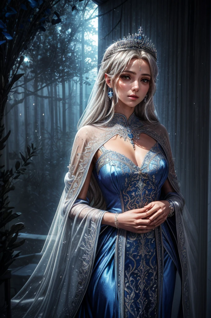 Imortalize a Rainha Elara Mistwood, uma mulher de 52 anos, em uma imagem de riqueza sensorial. Her silver hair is like strands of silk that catches the light softly, reflecting the ethereal glow of your wisdom. The royal crown on her head is studded with gems that seem to capture the magic of the kingdom., emitindo um brilho suave. O vestido azul e prateado que ela veste tem uma textura luxuosa, with embroidered details that tell magical stories. Ao seu redor, the atmosphere is permeated with a magical softness, as if the very essence of the kingdom were present.