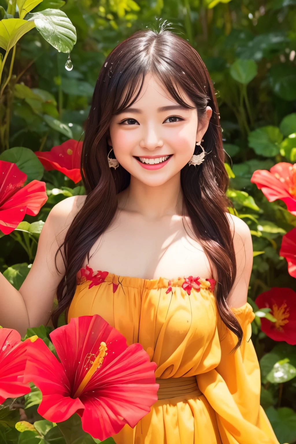 photoRealstic、Stand in front of the photo、laugh face、Water droplets on the cheeks、kawaii pose、spreading arms widely、Flowing Red Silk、bustup、Hibiscus petals、season!!: 夏☀ 🍂 ハイビスカス