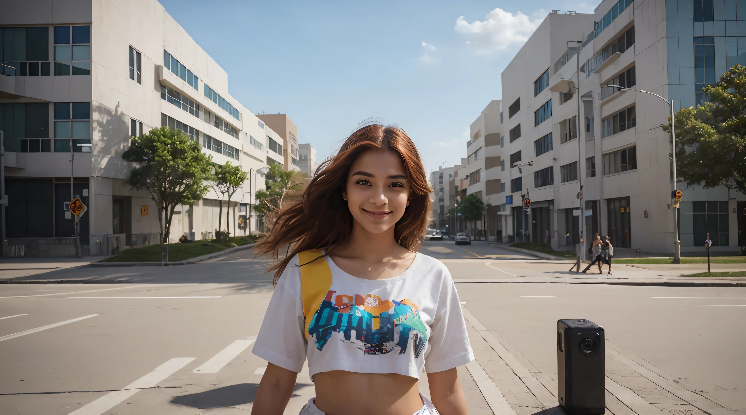 multicolored hair, crown, dashed eyes, smile, Hyperrealism, cinematic lighting, close-up, Ultra-Wide Angle, 135mm, Canon, best quality, high quality, super detail 20-year-old Brazilian student ambles through the bustling university campus. Dressed in lively attire, her carefree hair dances with the breeze. The details on her face showcase a mix of curiosity and focus. In the backdrop, murals of abstract and futuristic urban art contribute to the modern and inspiring ambiance. Engaged in conversations, she exudes a vibrant presence, navigating an academic environment that seamlessly fuses art, innovation, and learning.