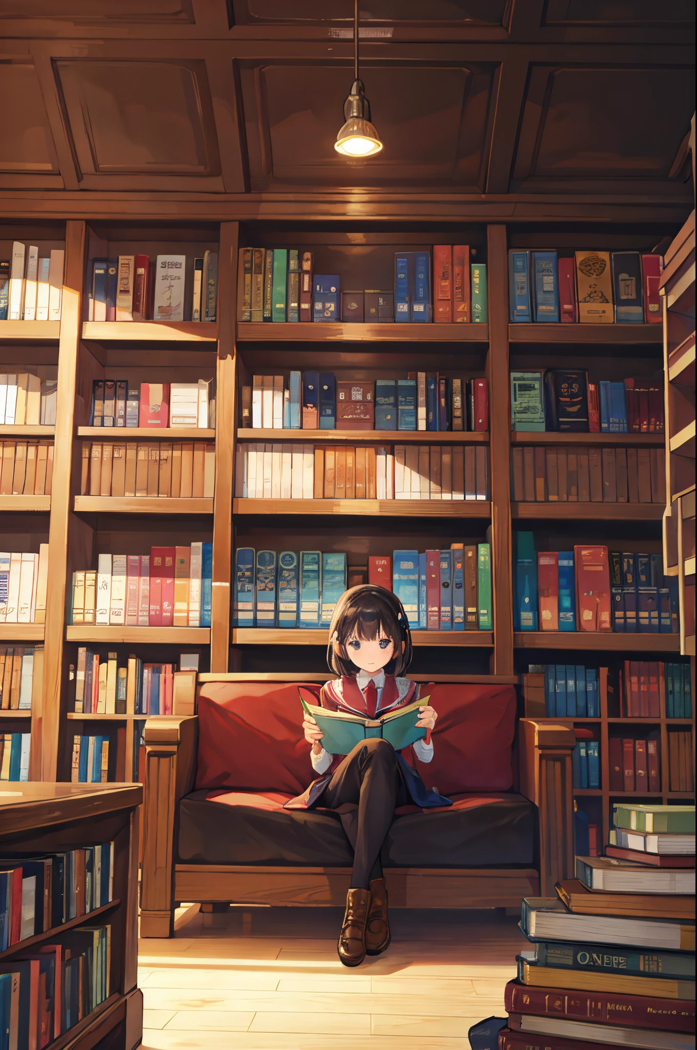 “A young woman sitting in a library, deeply engrossed in a book. The library has tall bookshelves filled with books, soft lighting, and a cozy atmosphere.
chibi, cartoon, wide angle, bookshelf background”