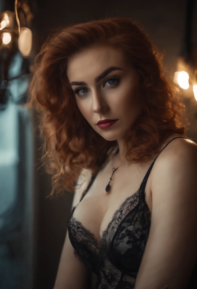 american young girl, in office, lustfull face, busty, nude on top, lace panties, stockings, high heels, red hair, pony tail, beautiful eyes, cyberpunk, night, clear, high resolution, only 1 girl, neon lights, dlsr, diffused lightning, high details, best quality, portrait