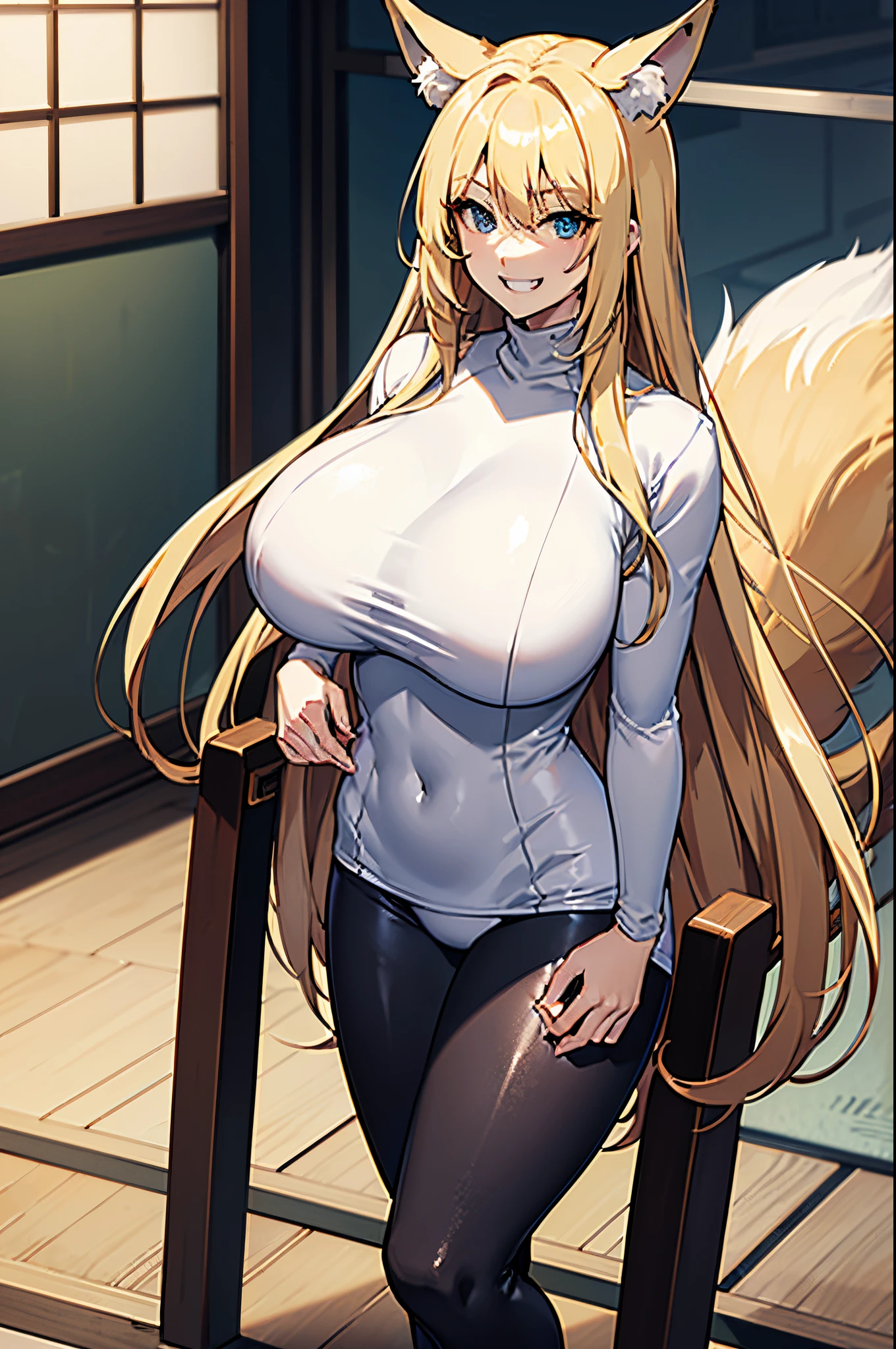 Long blonde hair, Japanese, gigantic chest, tight clothing, (black leggings:1.2), (white turtleneck:1.6), big thighs, sadistic grin, (Fox girl:1.2), half body, big eyes