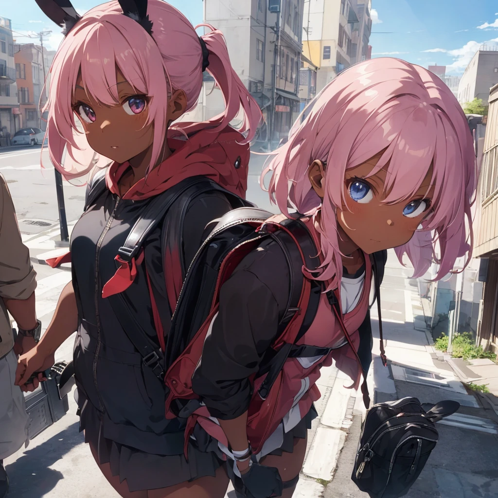 Early morning, city buildings background, sunglasses, red school swimsuit, thick eyebrows, leather backpack, bazooka protruding from the backpack, carrying heavy weapons, (dark skin: 1.3), black gloves, brown skin, movie lighting, small, beautiful light pink hair, rabbit ears, (masterpiece), ((highest quality)), (super detailed), glossy skin, full body anime girl, solo, clean and detailed anime face, High resolution anime eyes, five fingers, textile shading, perfect human structure, perfect anatomy,