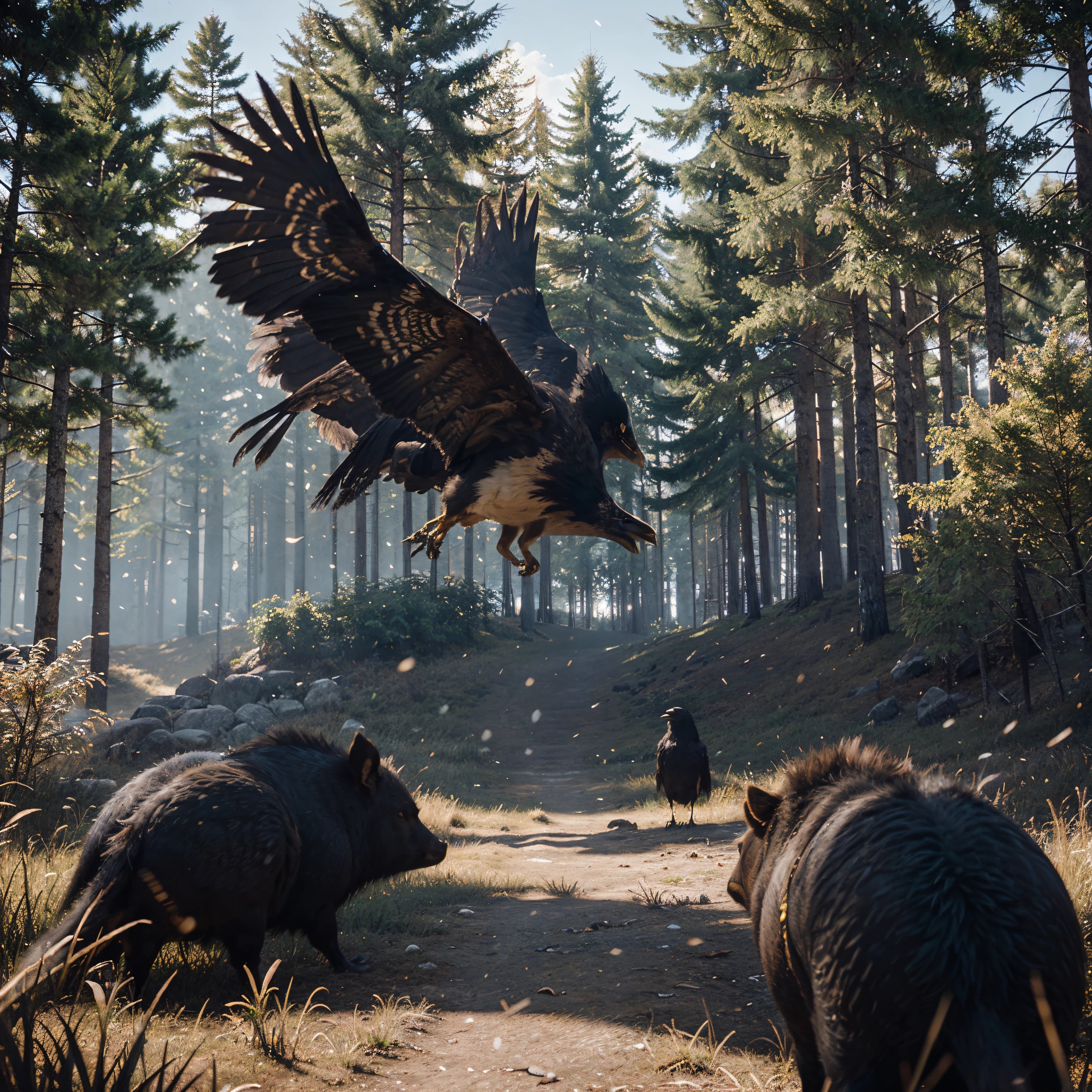 here are 4 crows flying together, a wild boar with golden yellow fur, all of them together in a magical forest,Snowflakes fluttering,The background is pure, cores ricas, Texturas vivas ultrarrealistas, dramatic lighting, Tendência Unreal Engine Art Station, Cinestir 800,