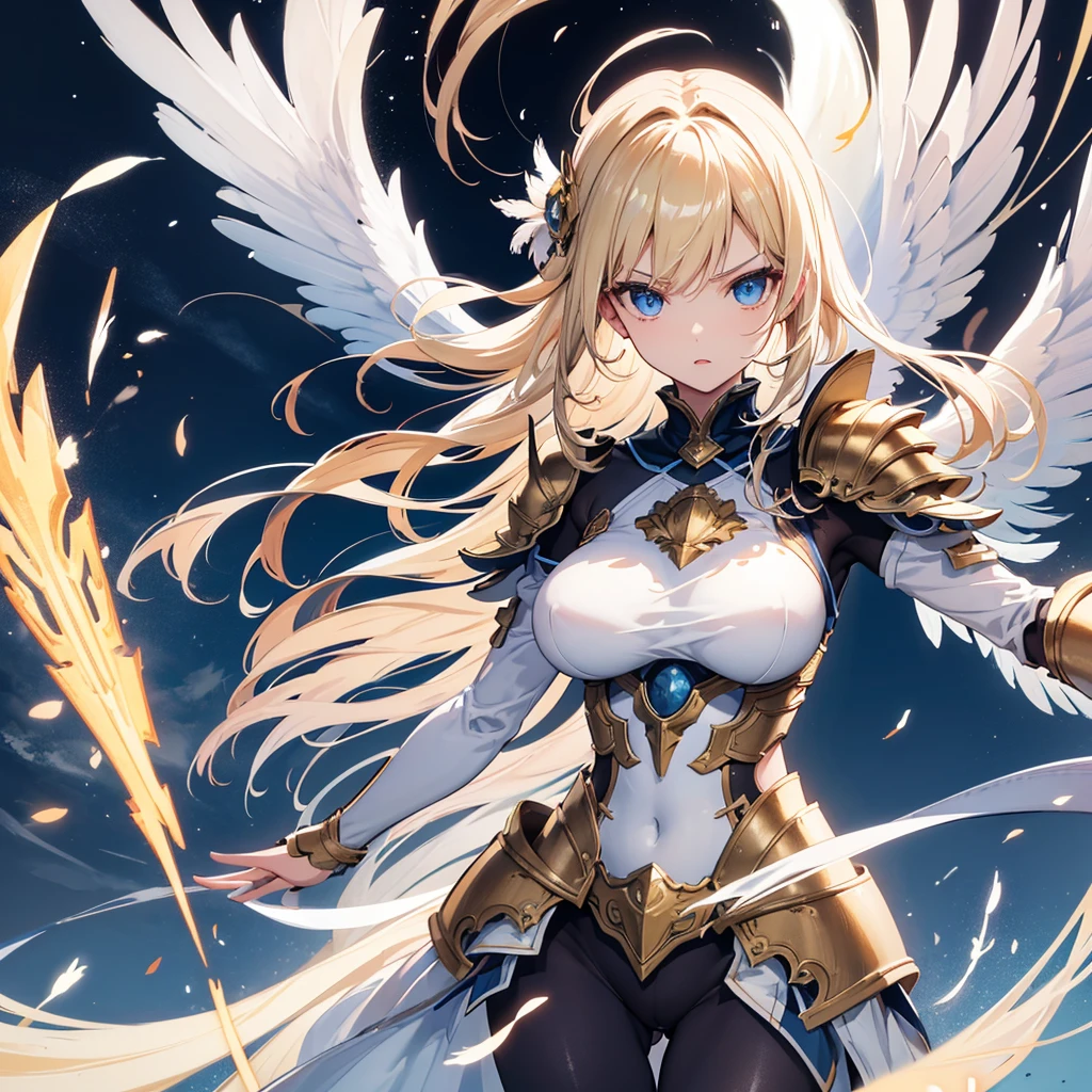 ((Ultra-detailed)), (top-quality),((masterpiece)), ((Super exciting)), ((8K)),((1440p)), ((extremely clear)), ((Very sophisticated)), (Anime quality), (3D), (photograph quality), (wall paper), (best illumination, best shadow), solo, full body portrait, a lady, arc angel, twin wings, big wings, white wings, beautiful eyeline, long eyelashes, Thin eyebrows, dark blue eyes, anime quality eyes description, clear eyes, upturned eyes, clear body, macular body, macular legs, blond hair, waving hair, big breasts, beautiful breasts, heavy breasts, see-through, golden armor, breasts armor, waist armor, shoulder armor, arms armor, legs armor, sky background, stand in front of the sun, look viewers down, many white feathers dancing air, dynamic angle, looking scaring, looking angry, describe face in detail, elegant hair accessory, battle, realistic skin texture, health skin, Light shines in, gleaming, shiny glistening, close mouth, flash cheek, glistening skin, skin is bright, thunder lightning, windy, cloudy,