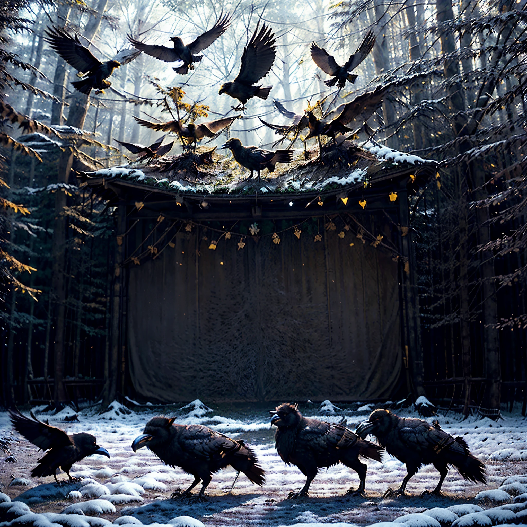 here are 4 crows flying together, a wild boar with golden yellow fur, all of them together in a magical forest，Snowflakes fluttering，The background is pure, cores ricas, Texturas vivas ultrarrealistas, dramatic lighting, Tendência Unreal Engine Art Station, Cinestir 800，