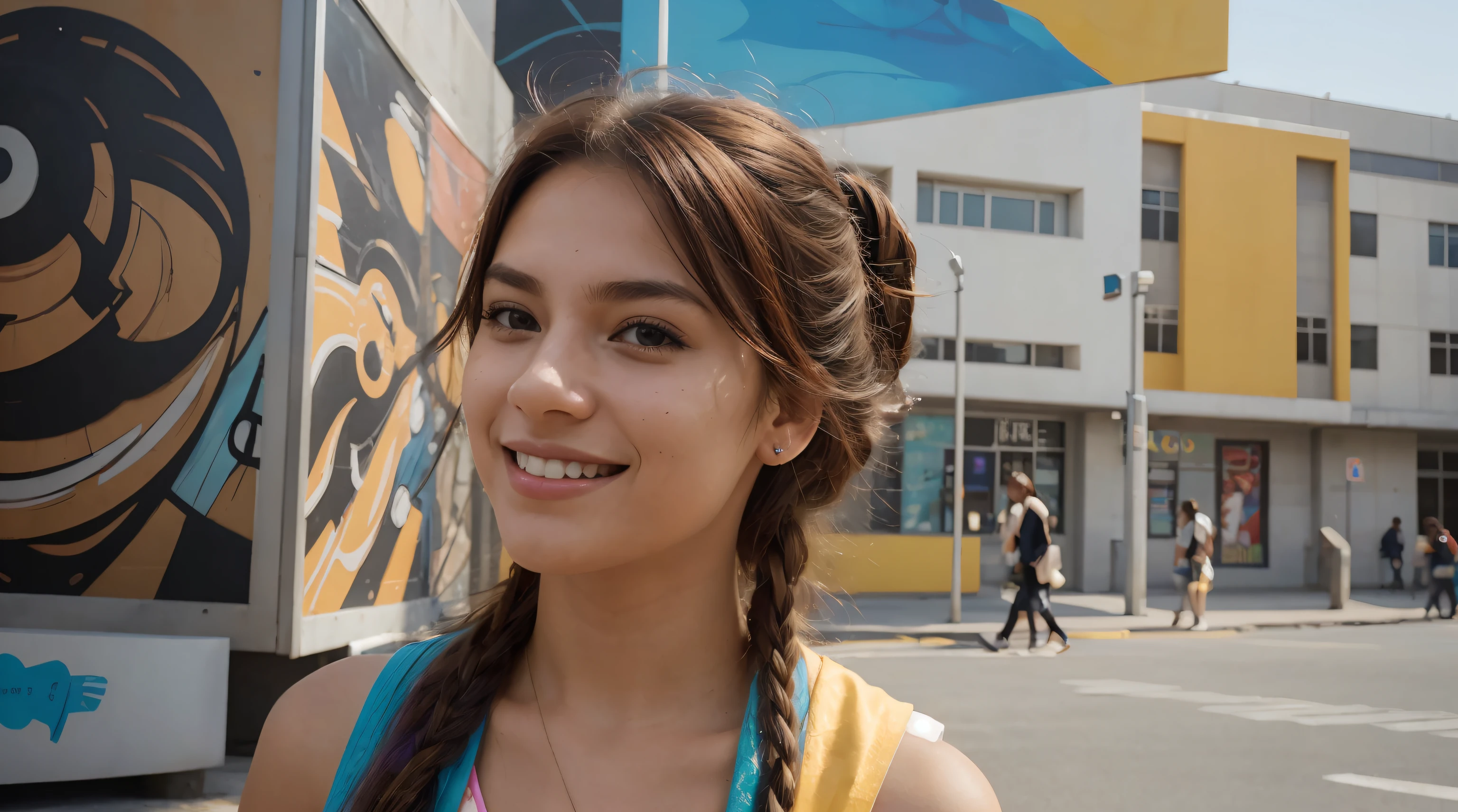 multicolored hair, crown, dashed eyes, smile, Hyperrealism, cinematic lighting, close-up, Ultra-Wide Angle, 135mm, Canon, best quality, high quality, super detail 20-year-old Brazilian student ambles through the bustling university campus. Dressed in lively attire, her carefree hair dances with the breeze. The details on her face showcase a mix of curiosity and focus. In the backdrop, murals of abstract and futuristic urban art contribute to the modern and inspiring ambiance. Engaged in conversations, she exudes a vibrant presence, navigating an academic environment that seamlessly fuses art, innovation, and learning.