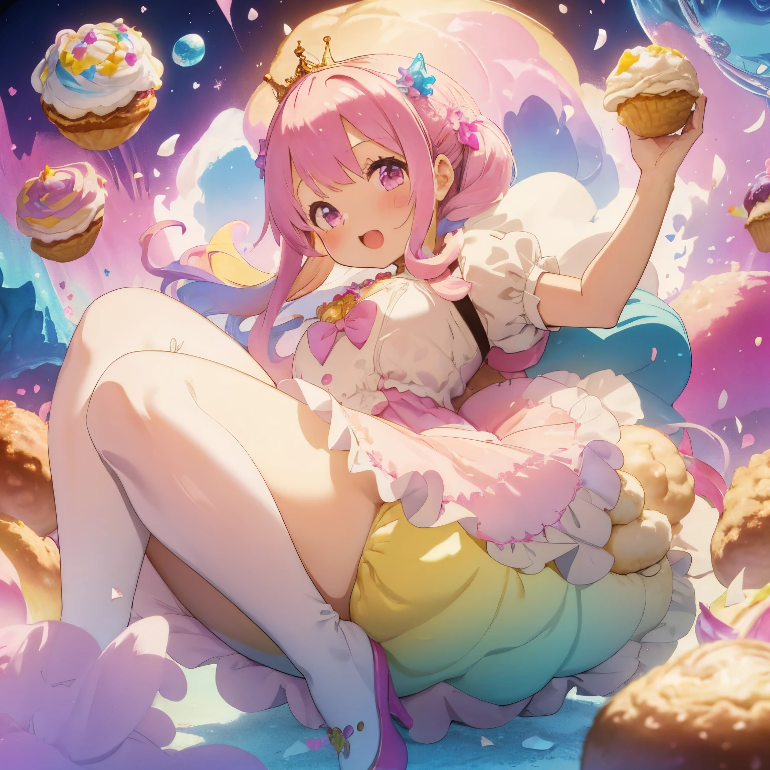 A fairytale and wonderland world,Colorful and lively atmosphere,confeti,Sweets, toys, and stuffed animals are floating and scattered in the air.,A pile of extra large cream puffs,A mountain shaped like a cream puff,fluffy hair,Odango Hair,Keeping hair together,rainbow-colored hair,A voluminous princess-like dress,Iridescent dresses,A *********** is climbing on a pile of cream puffs,