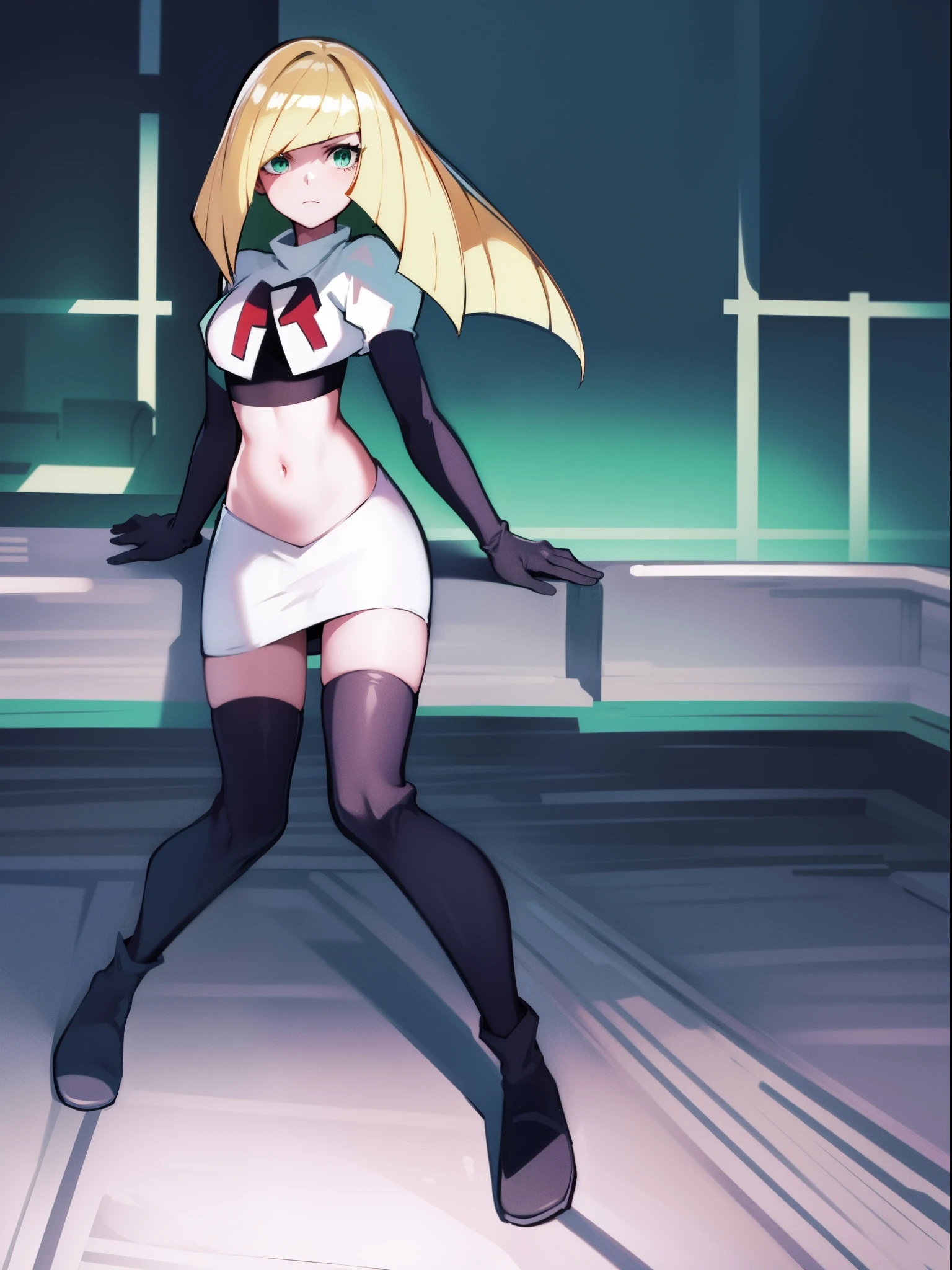 pokemonlusamine,green eyes,team rocket,team rocket uniform,white skirt,crop top,black thigh-high boots,black elbow gloves,