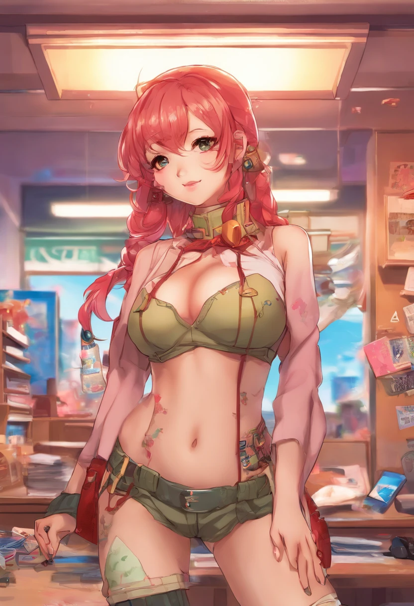 american young girl, in office, lustfull face, busty, nude on top, lace panties, stockings, high heels, red hair, pony tail, beautiful eyes, cyberpunk, night, clear, high resolution, only 1 girl, neon lights, dlsr, diffused lightning, high details, best quality, portrait