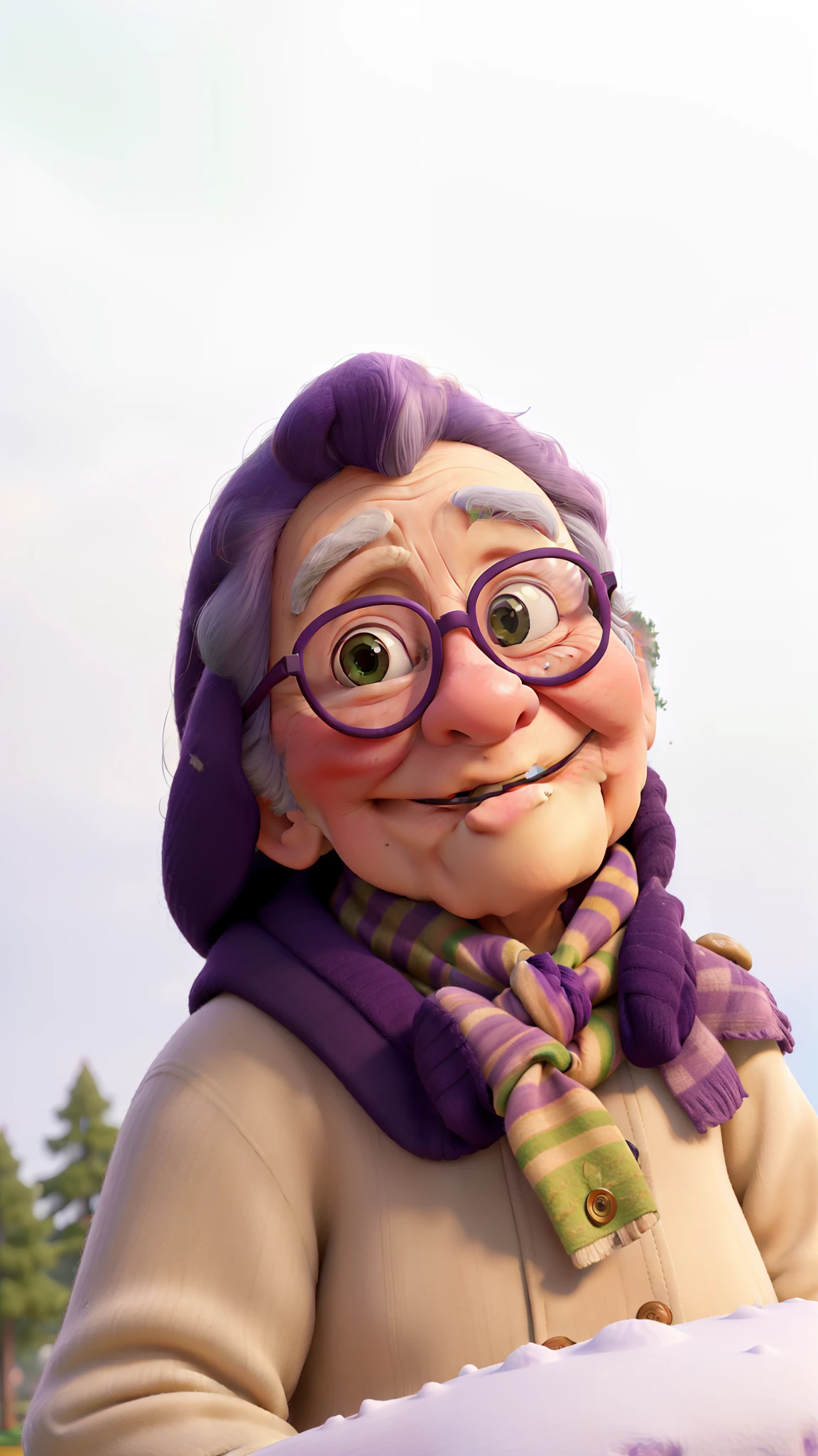 masterpiece, best quality, an old woman with glasses and a scarf on, wearing a purple coat and green scarf, standing at the park