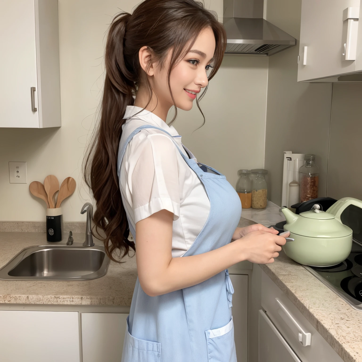 ((top-quality、masutepiece、8K、Top image quality、Very complex and detailed details))、One lady、 Wavy ponytail、Hair in a ponytail、The shirt、red apron、she is in a clean and bright kitchen、Daytime kitchen、Stand in the Kitchen、turned around、Refreshing midday atmosphere、Perfect gas chamber、smil、A smile、A detailed face、[rather large breasts]
